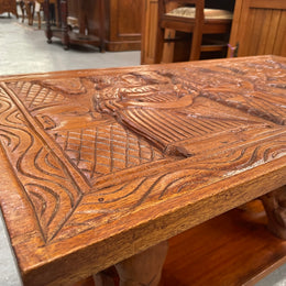 Vintage Hand Carved Teak Coffee Table Featuring Elephants