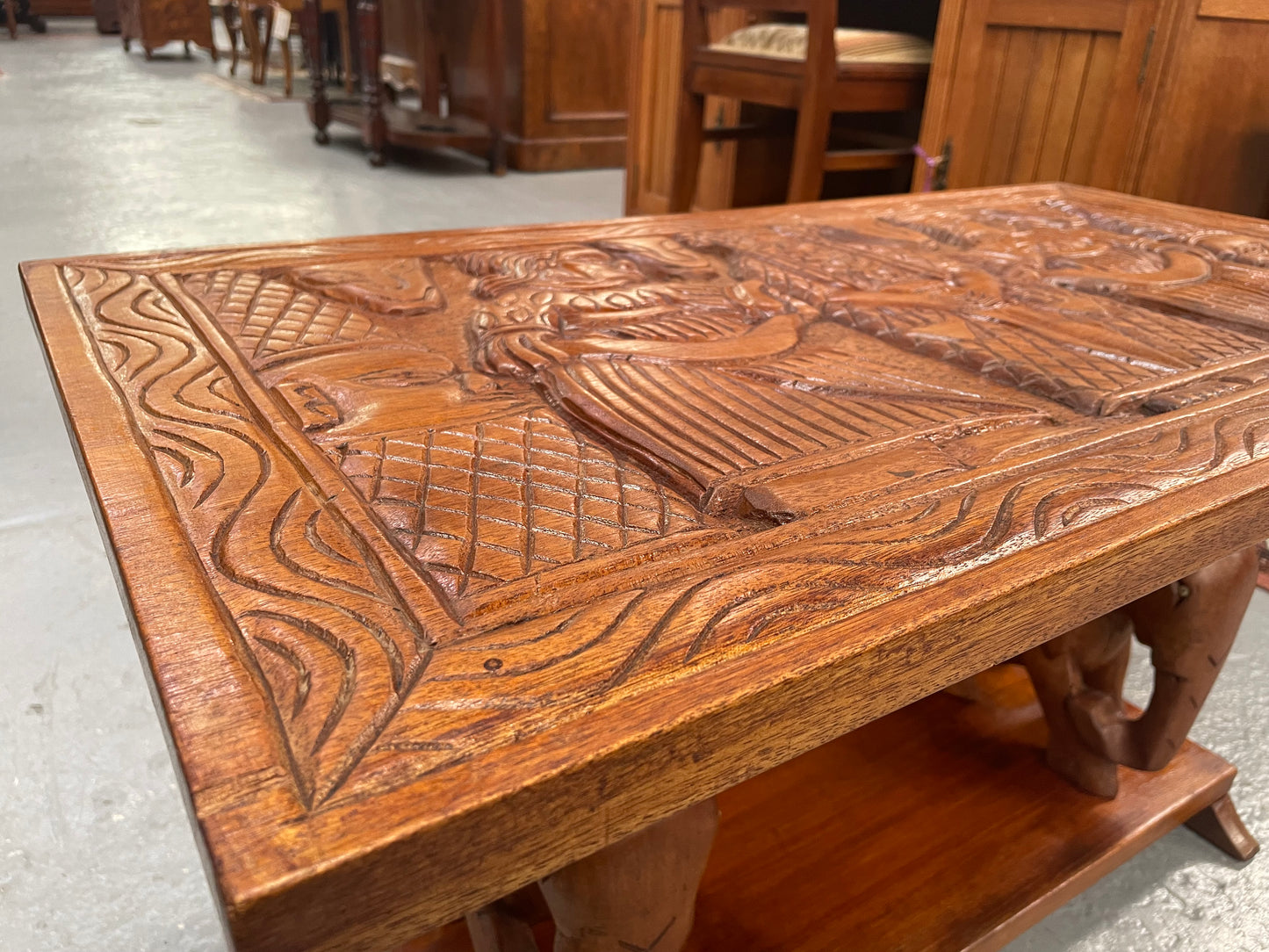 Vintage Hand Carved Teak Coffee Table Featuring Elephants