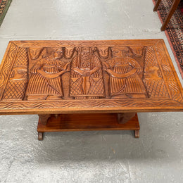 Vintage Hand Carved Teak Coffee Table Featuring Elephants