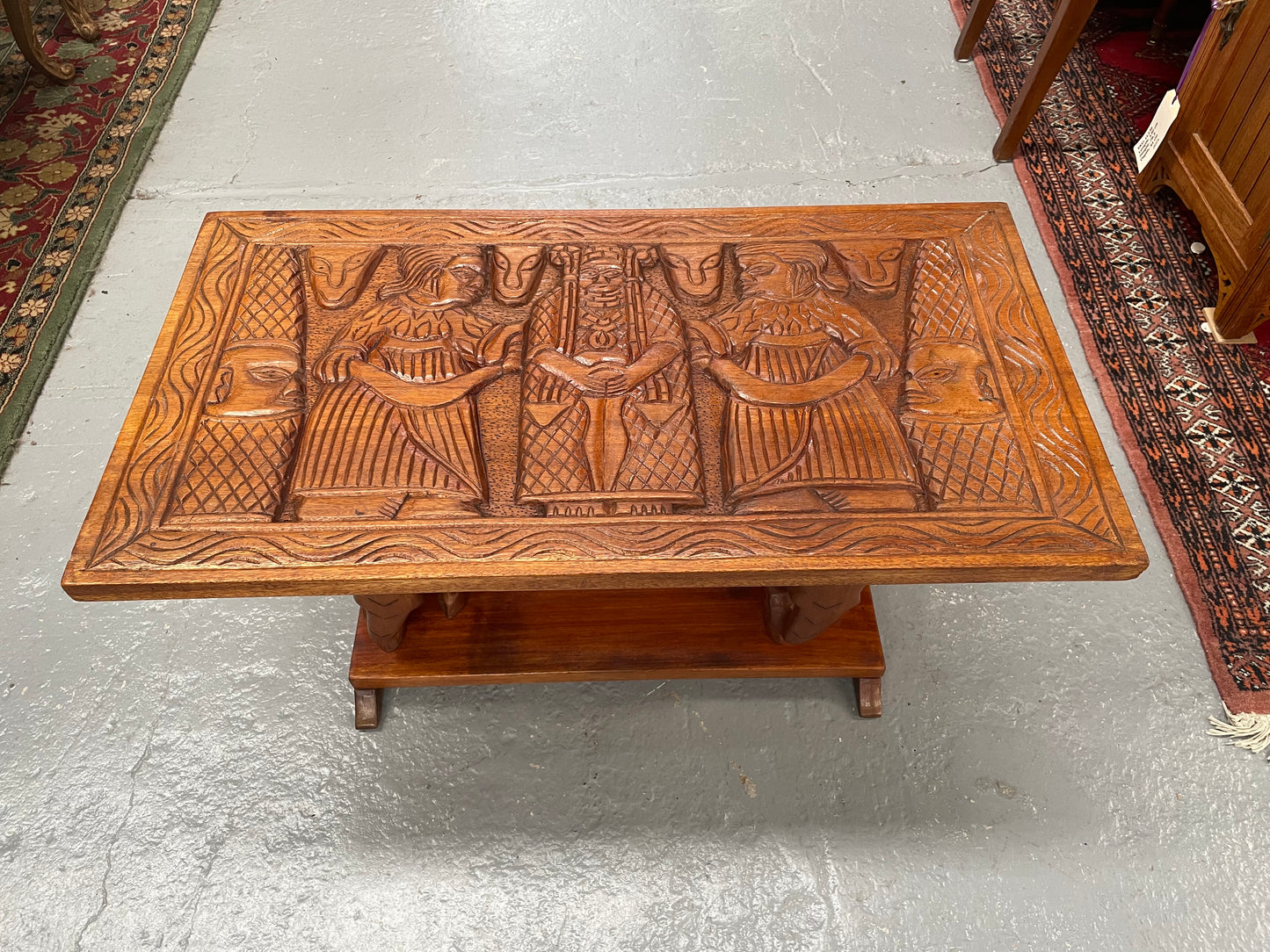 Vintage Hand Carved Teak Coffee Table Featuring Elephants