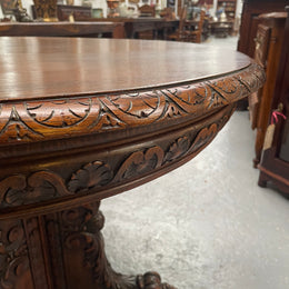Antique French Oak renaissance style round centre table. Featuring amazing detailed carving to base and throughout. Sourced from France and in good original detailed condition.