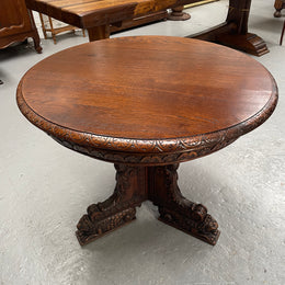 Antique French Oak renaissance style round centre table. Featuring amazing detailed carving to base and throughout. Sourced from France and in good original detailed condition.