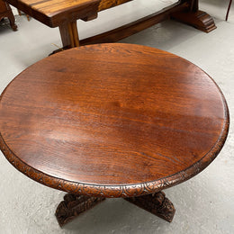 Antique French Oak renaissance style round centre table. Featuring amazing detailed carving to base and throughout. Sourced from France and in good original detailed condition.