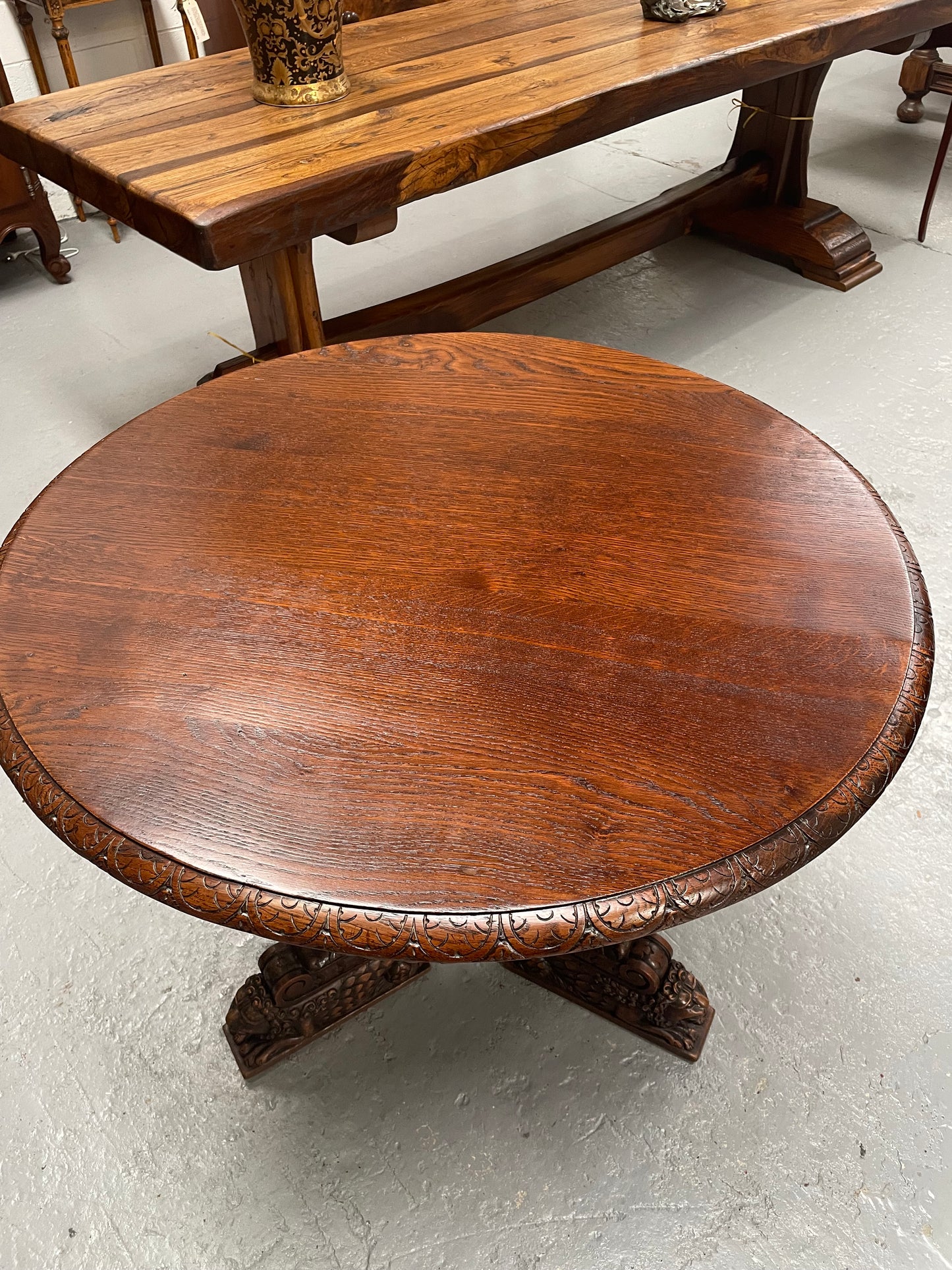 Antique French Oak renaissance style round centre table. Featuring amazing detailed carving to base and throughout. Sourced from France and in good original detailed condition.