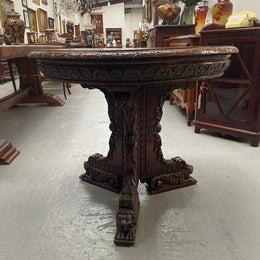 Antique French Oak renaissance style round centre table. Featuring amazing detailed carving to base and throughout. Sourced from France and in good original detailed condition.