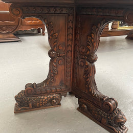 Antique French Oak renaissance style round centre table. Featuring amazing detailed carving to base and throughout. Sourced from France and in good original detailed condition.