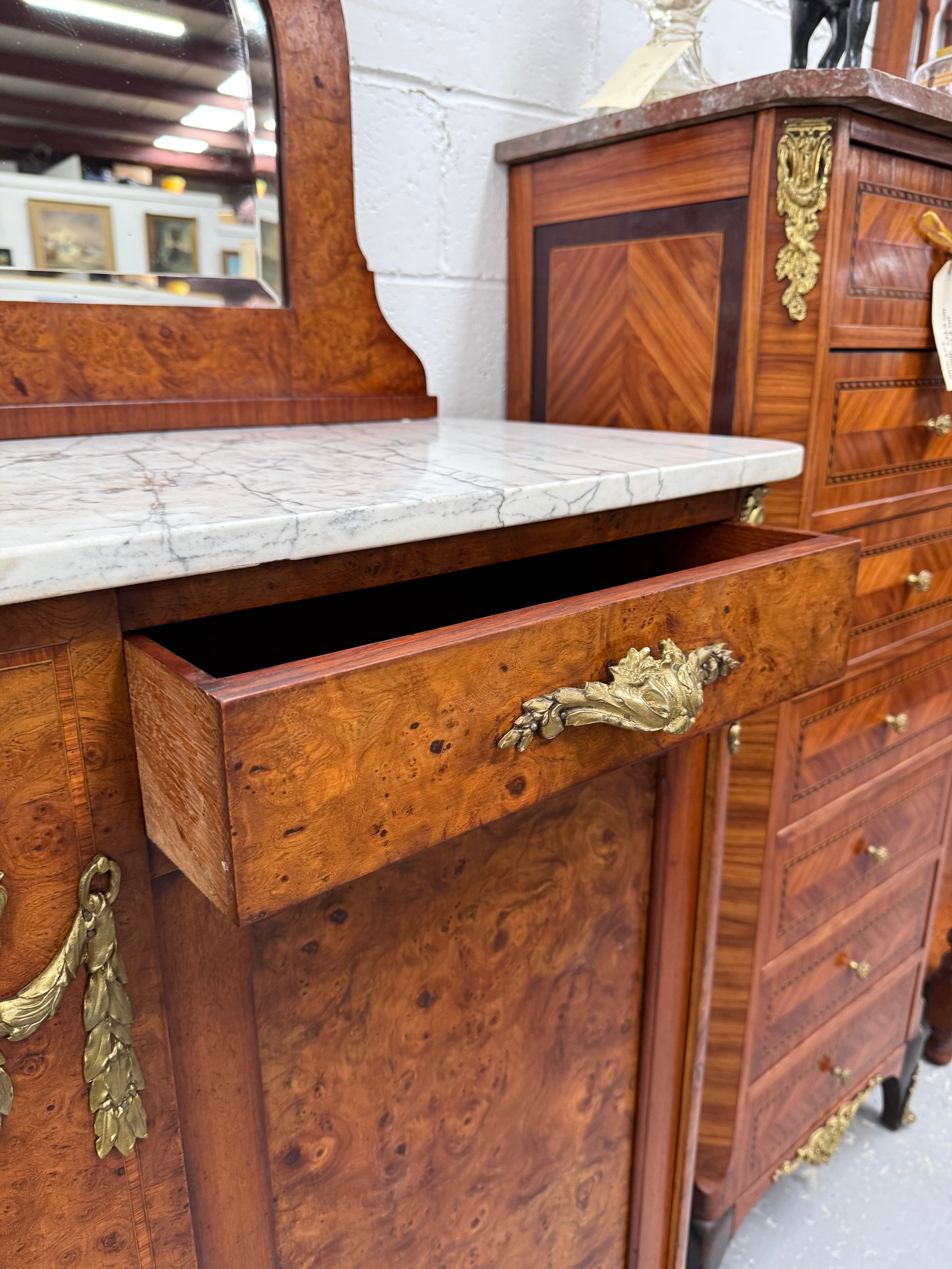 Figured Walnut Marble Top Buffet With Mirror