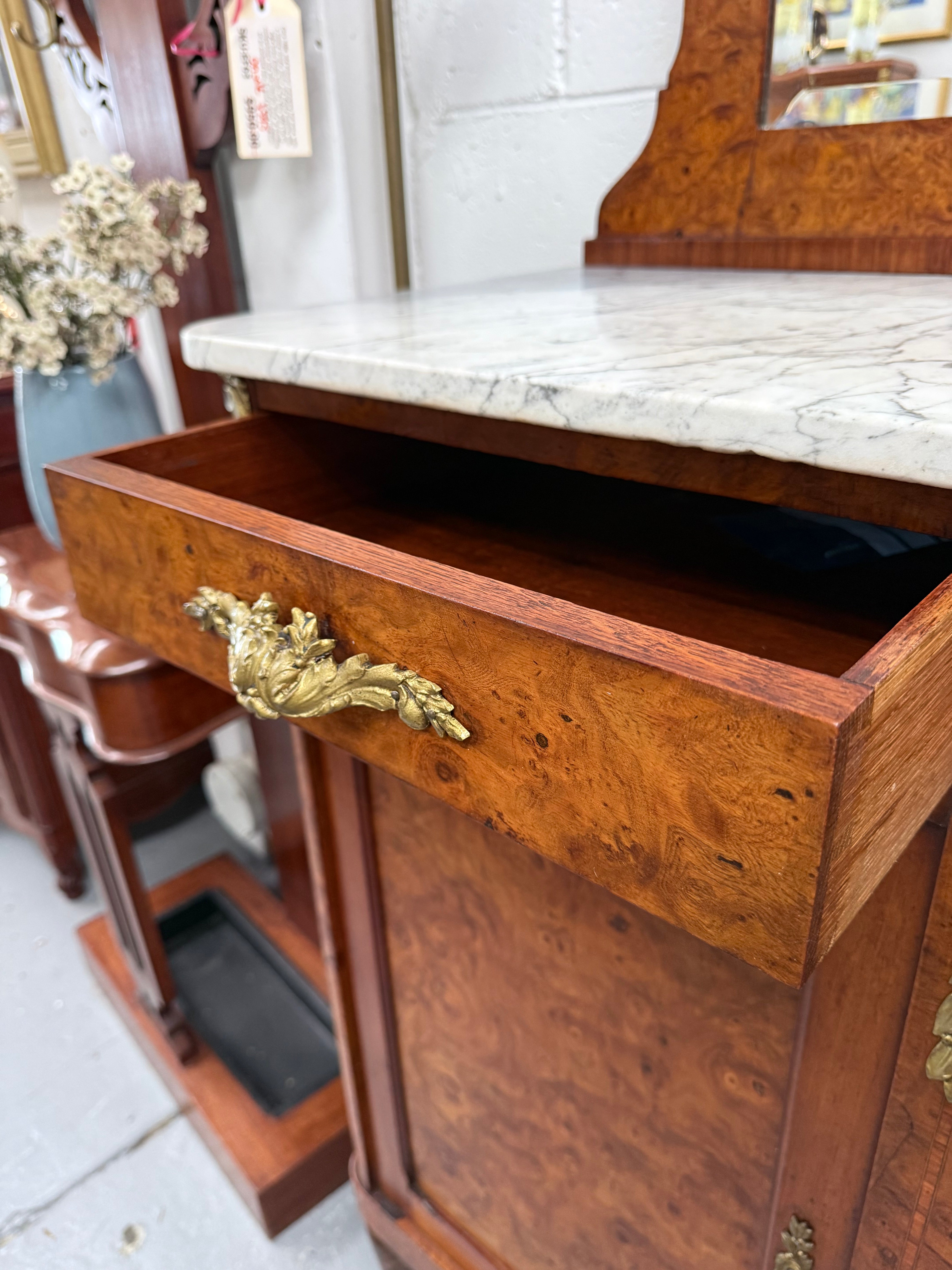 Figured Walnut Marble Top Buffet With Mirror | Antique & Vintage | Moonee Ponds Antiques | Australia Wide