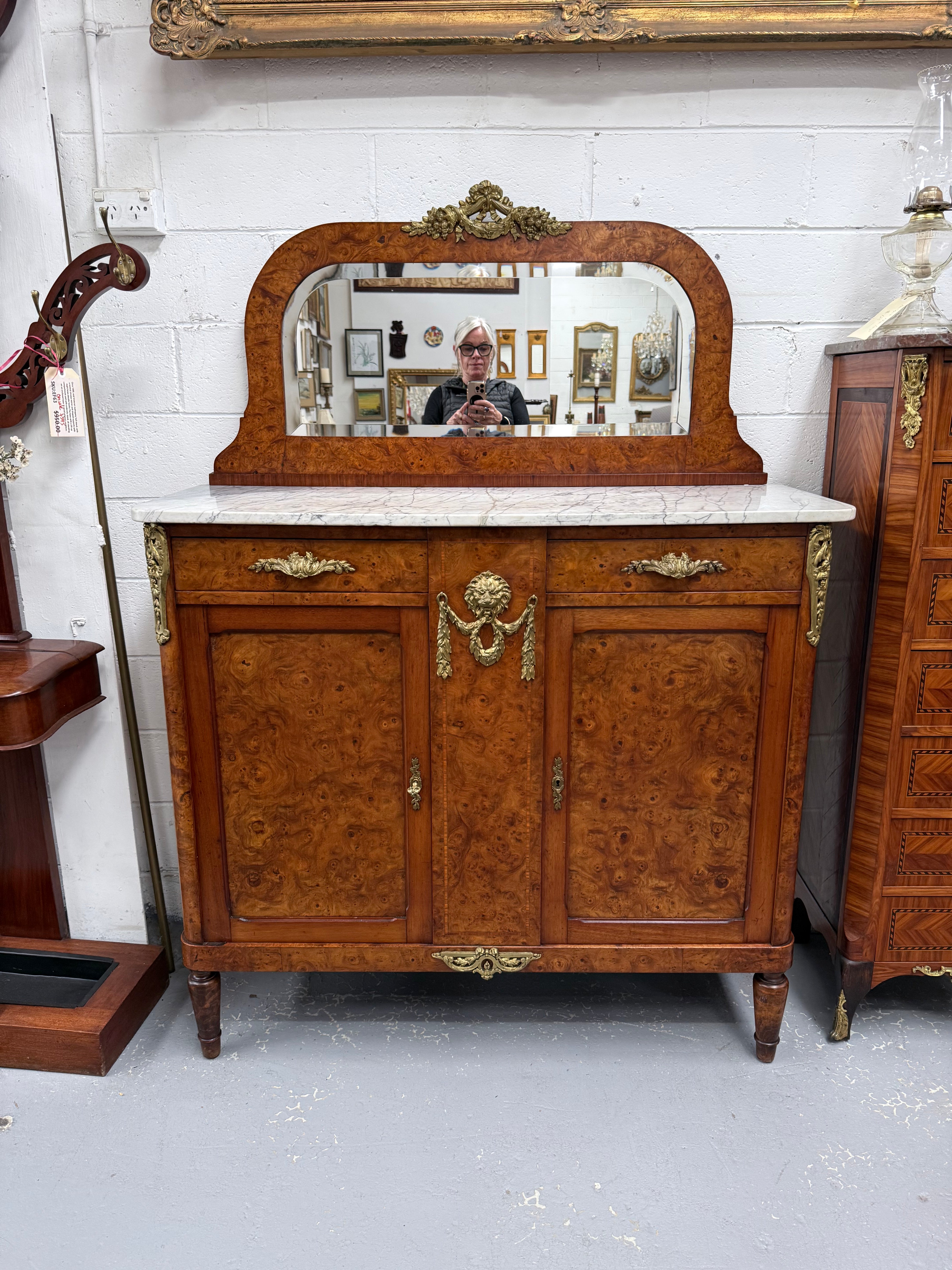 Figured Walnut Marble Top Buffet With Mirror