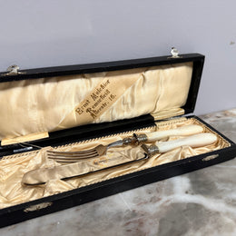 Vintage Mother of Pearl & Stainless Steel Fish Servers Orig Box