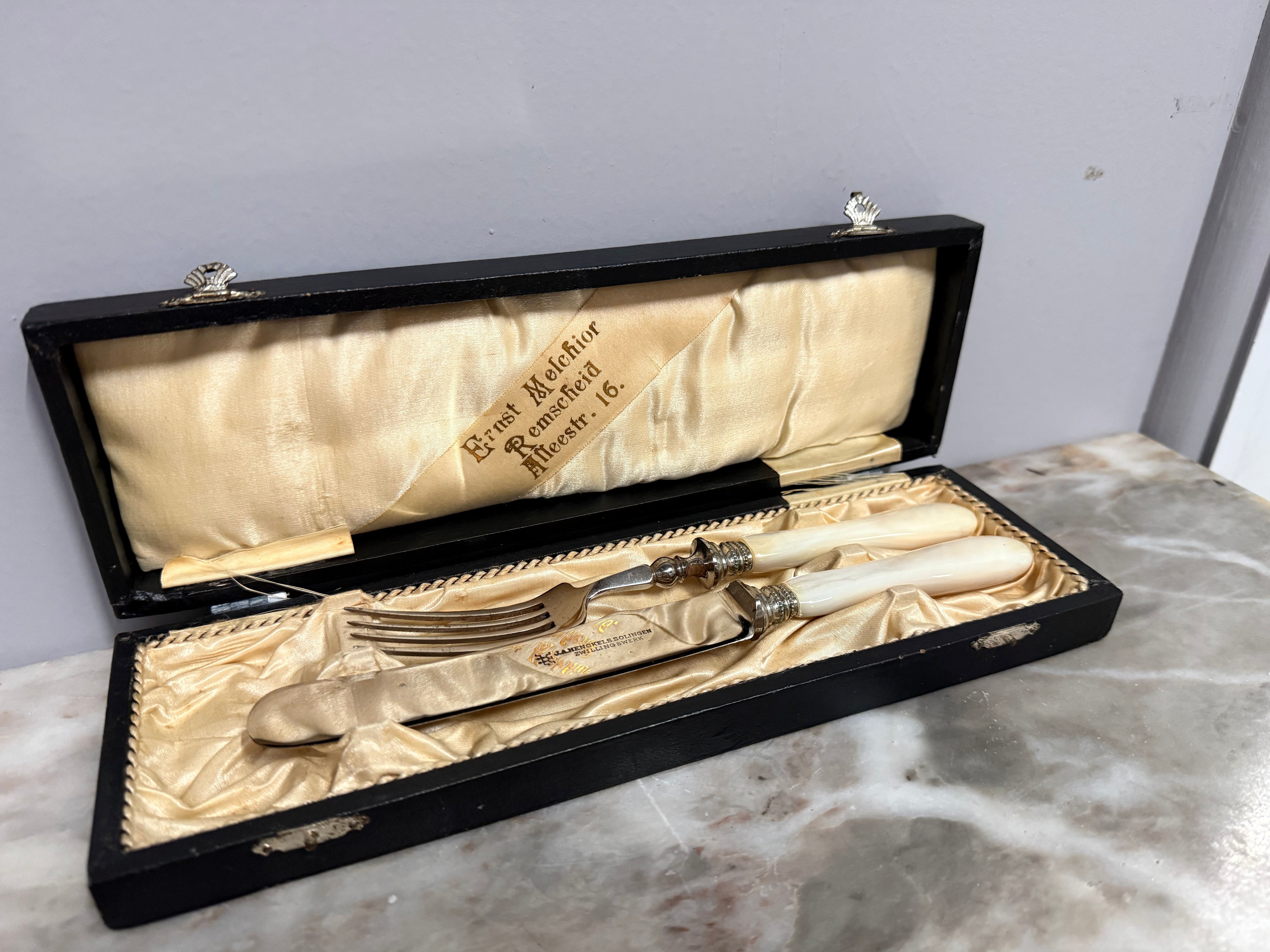 Vintage Mother of Pearl & Stainless Steel Fish Servers Orig Box