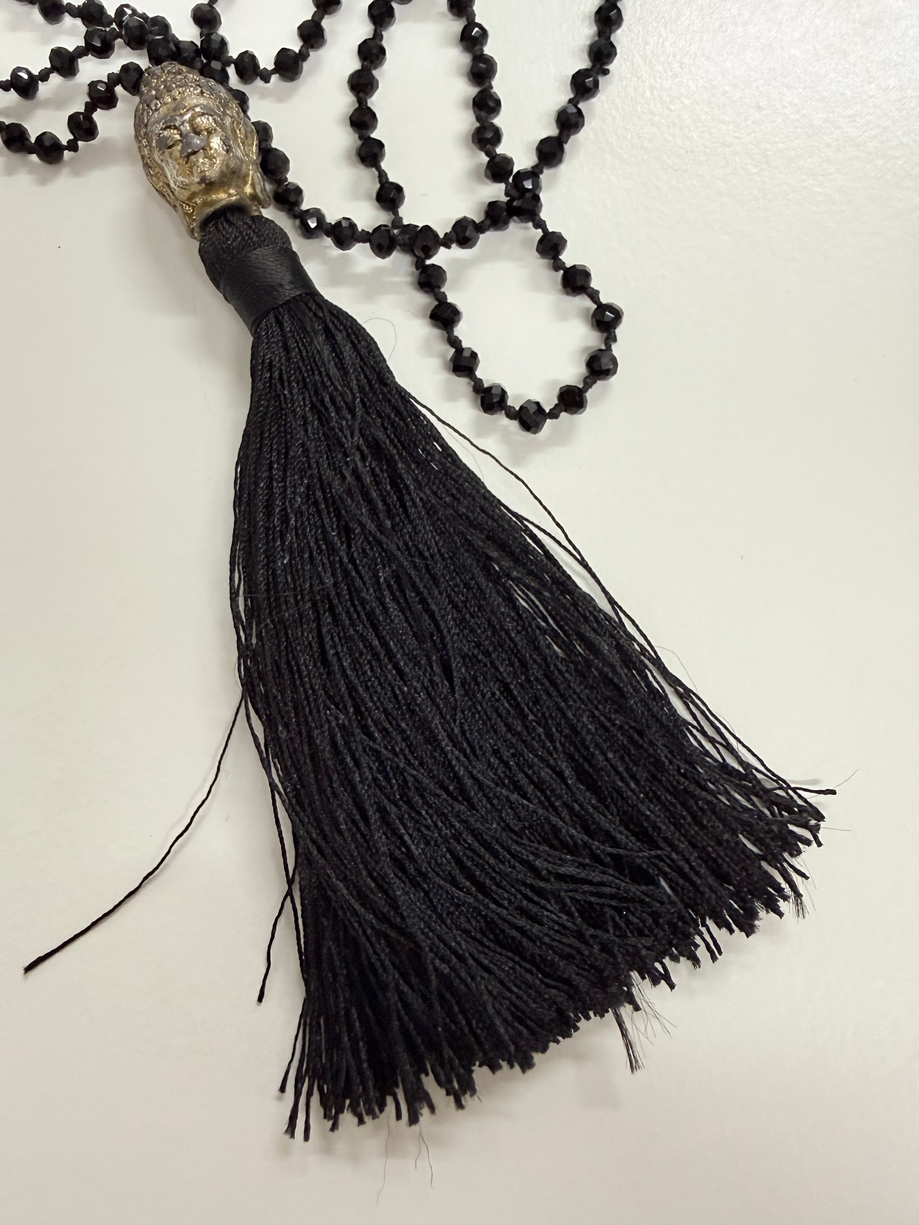 Vintage Black Bead & Tassel Bhudda Necklace