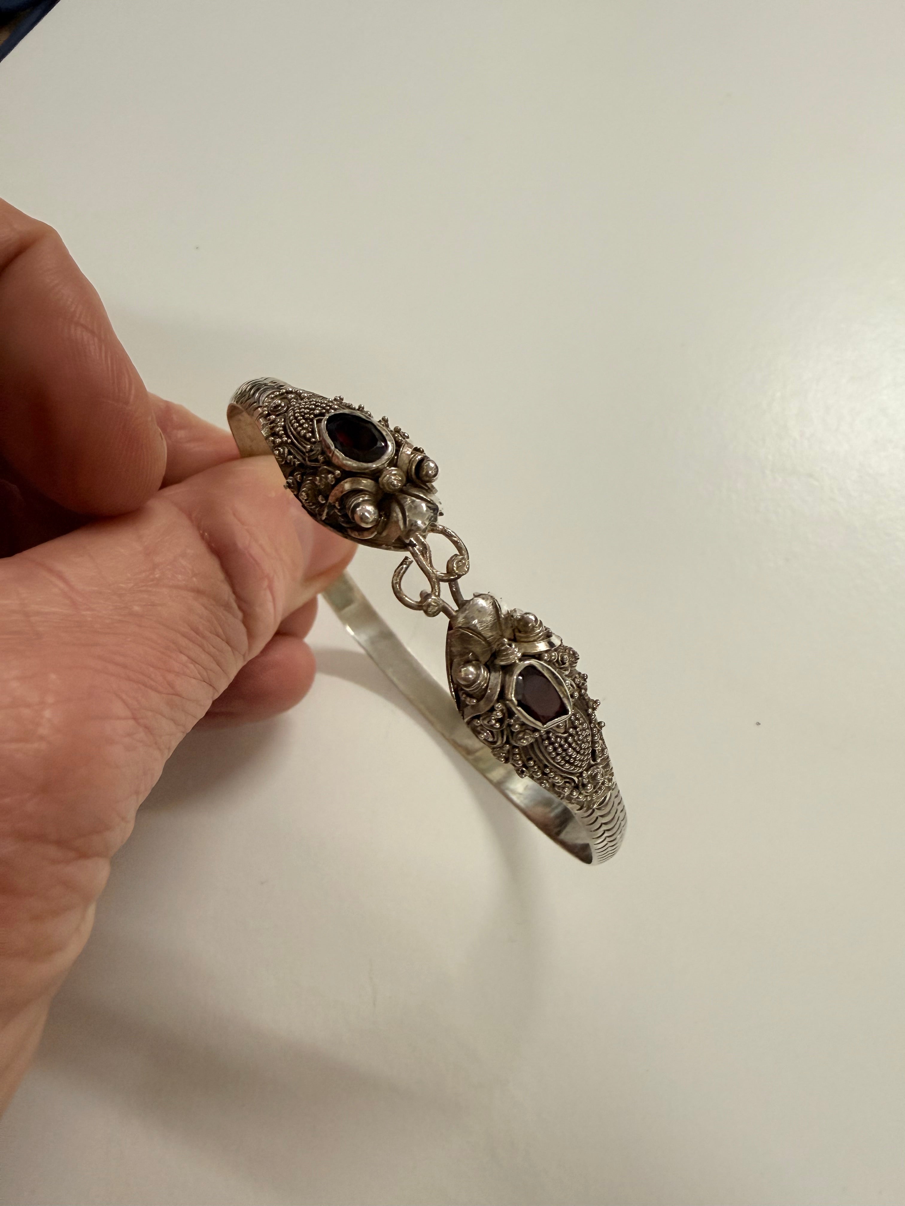 Vintage Sterling Silver & Garnet Bracelet Featuring Dragon Heads