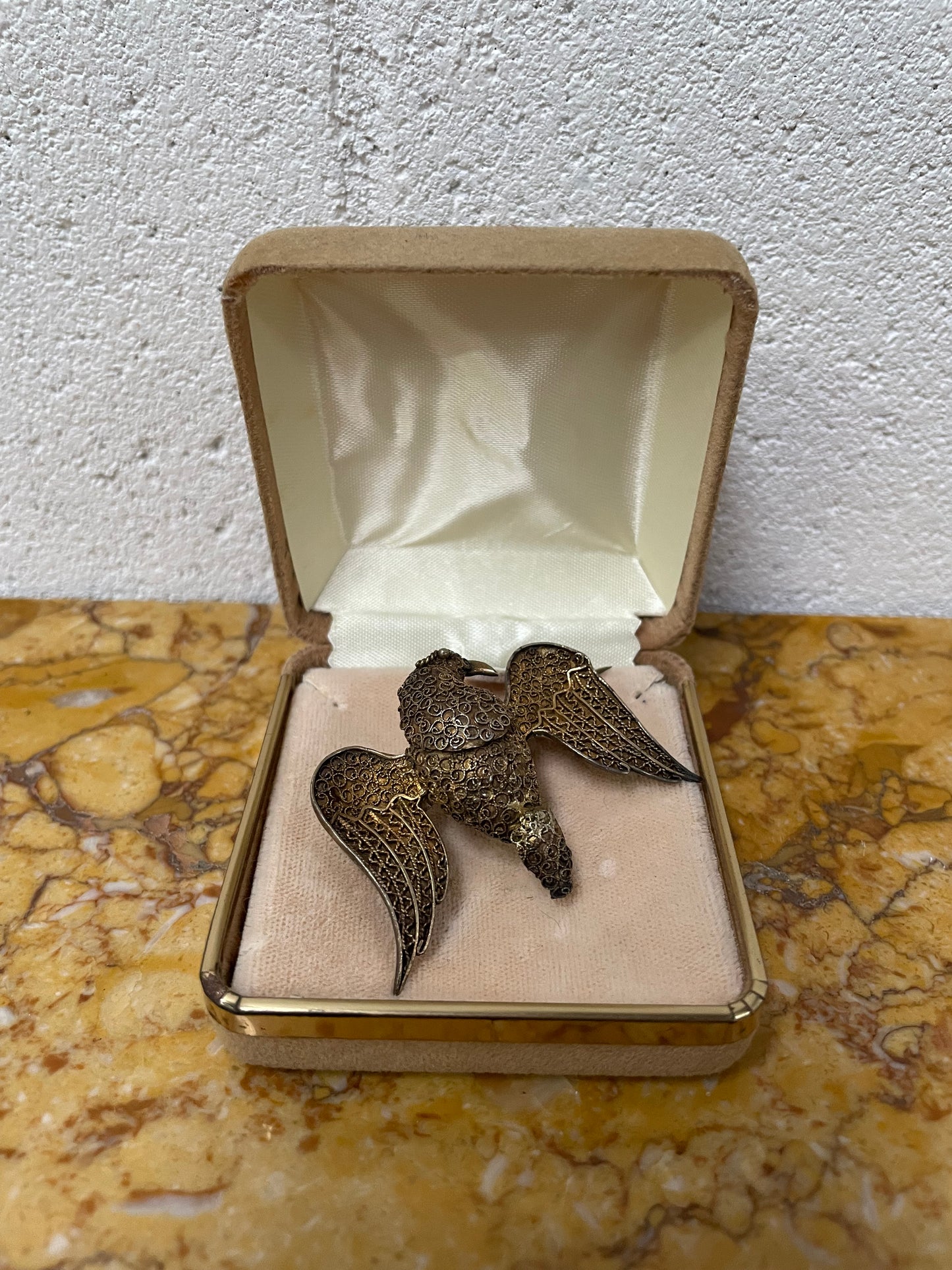 Antique Silver Gilt Filigree Bird Brooch