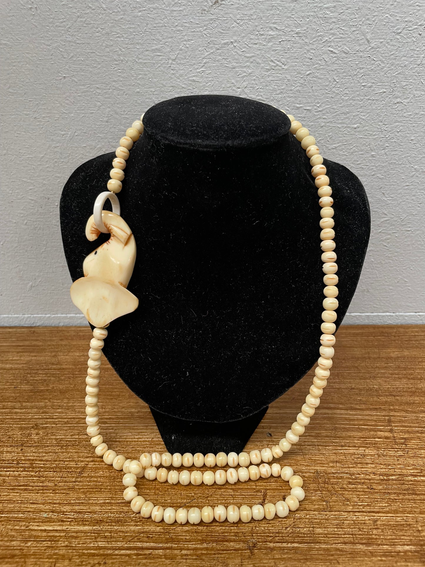 Vintage Carved Bone Beads & Elephant Necklace