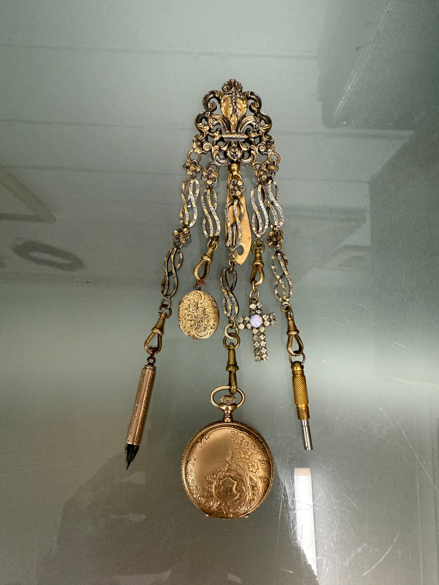 Victorian Silver & Gilt Metal Chatelaine with Attachments