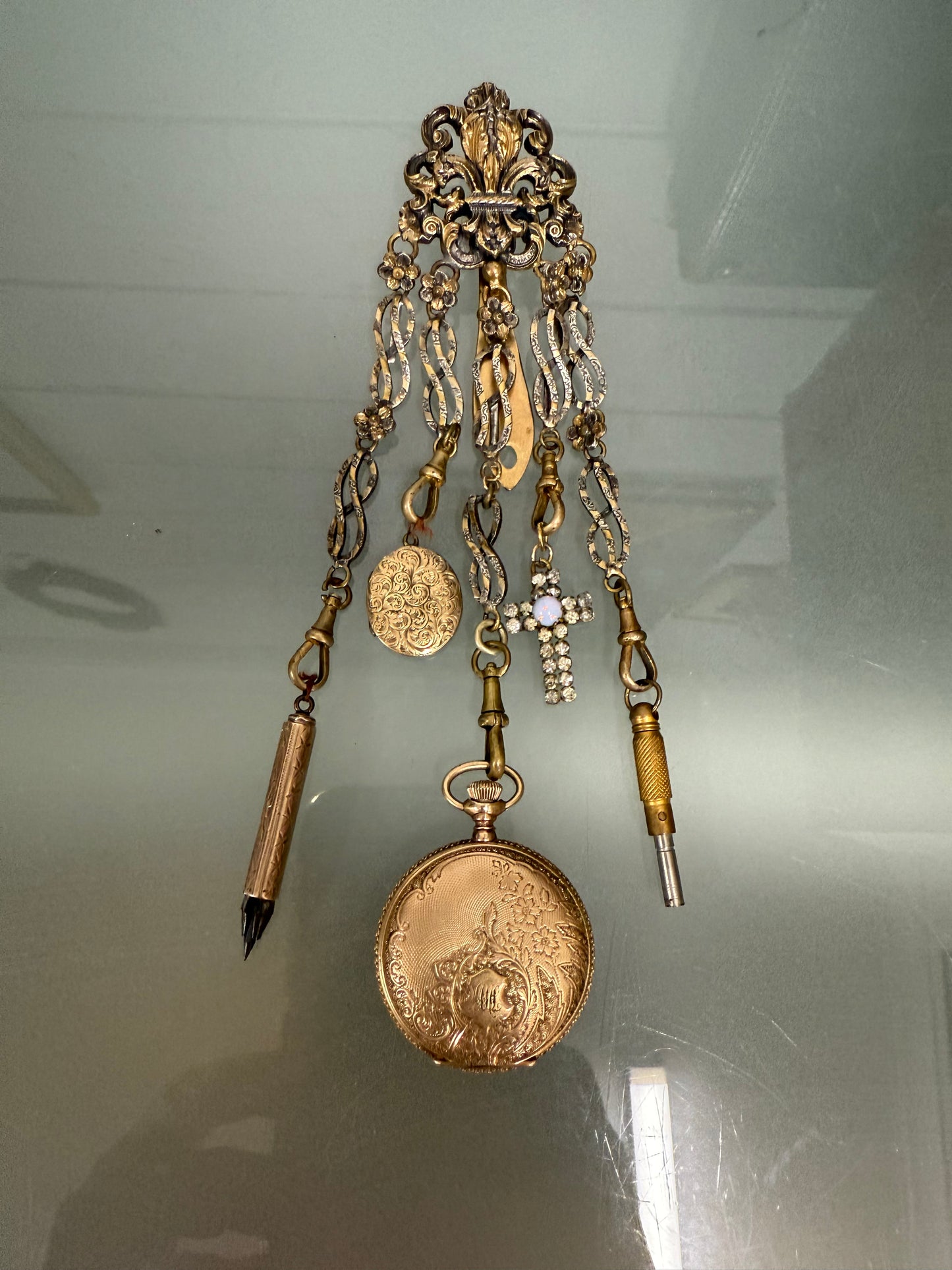 Victorian Silver & Gilt Metal Chatelaine with Attachments