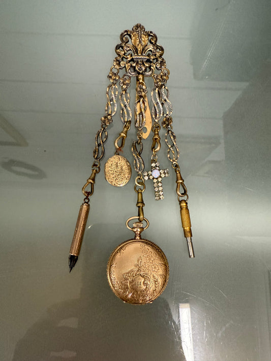Victorian Silver & Gilt Metal Chatelaine with Attachments
