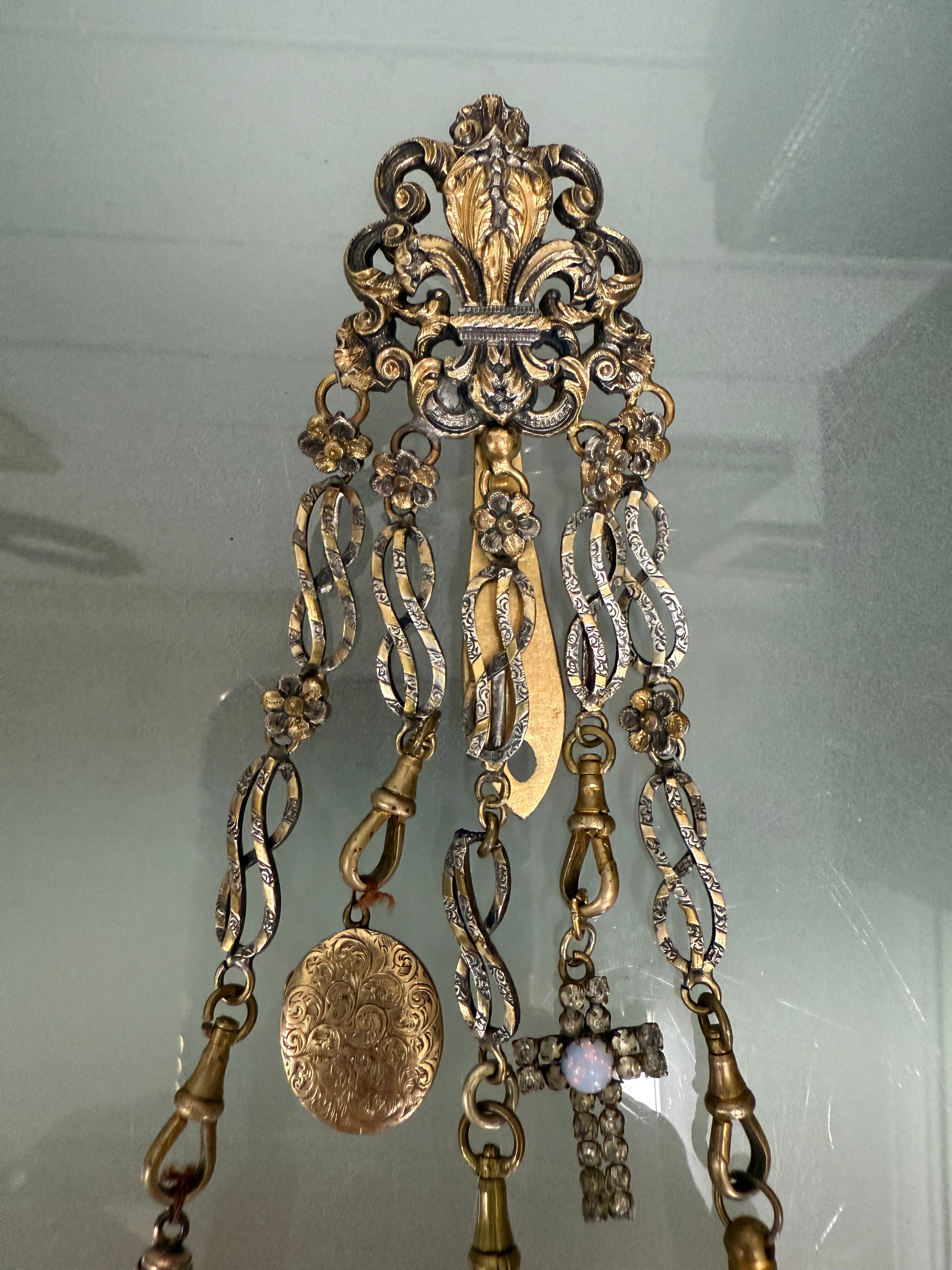Victorian Silver & Gilt Metal Chatelaine with Attachments
