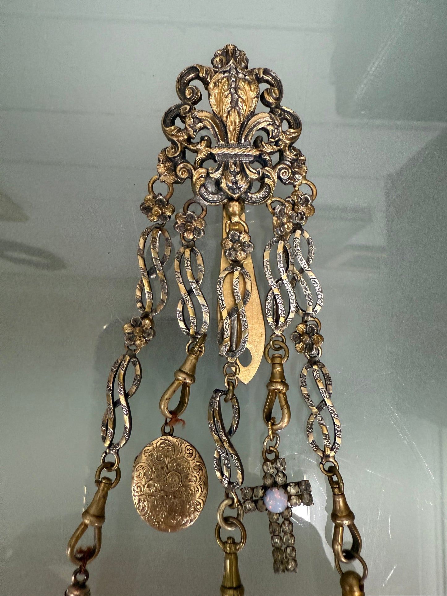 Victorian Silver & Gilt Metal Chatelaine with Attachments