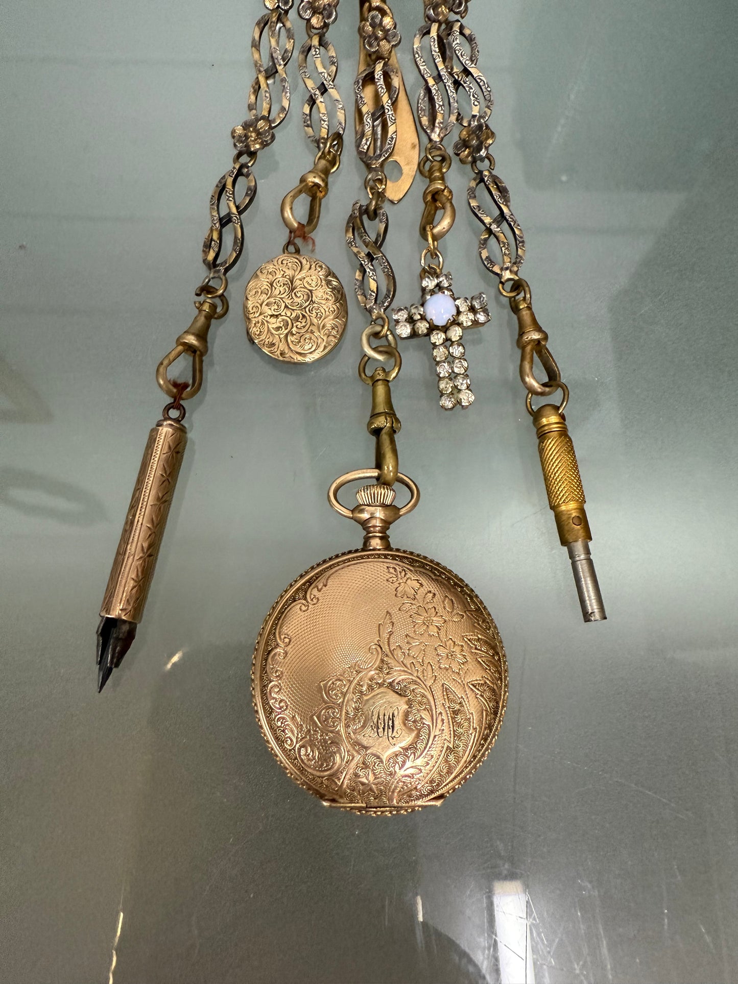 Victorian Silver & Gilt Metal Chatelaine with Attachments
