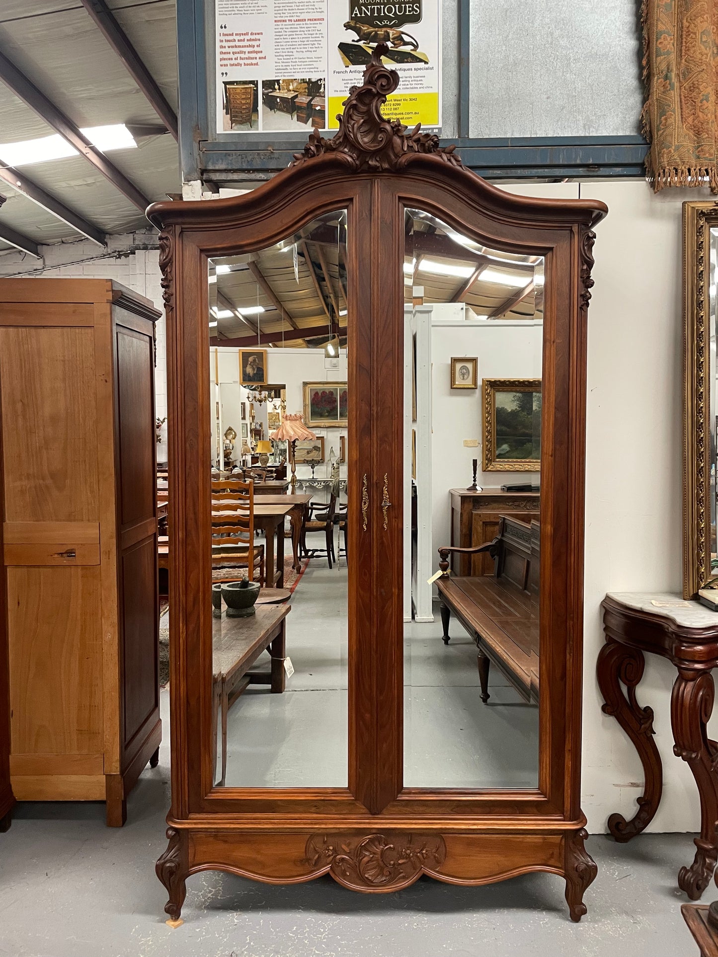 French Walnut Louis XV Style Two Mirrored Door Armoire