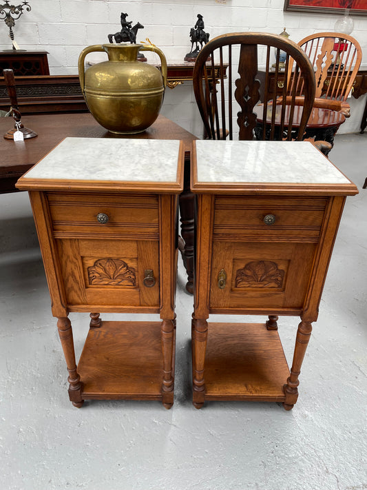 Pair French Oak Arts & Crafts Marble Topped Bedside