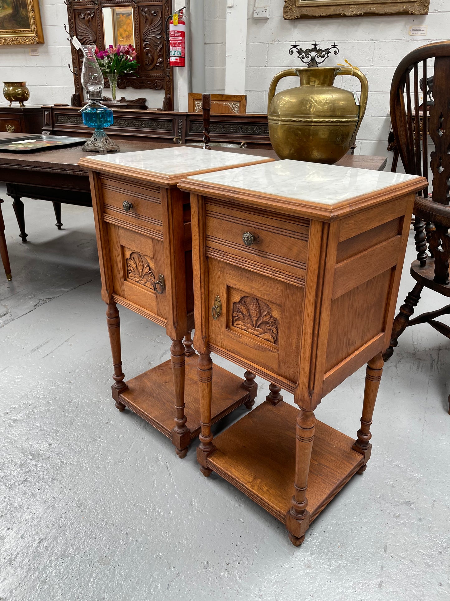 Pair French Oak Arts & Crafts Marble Topped Bedside