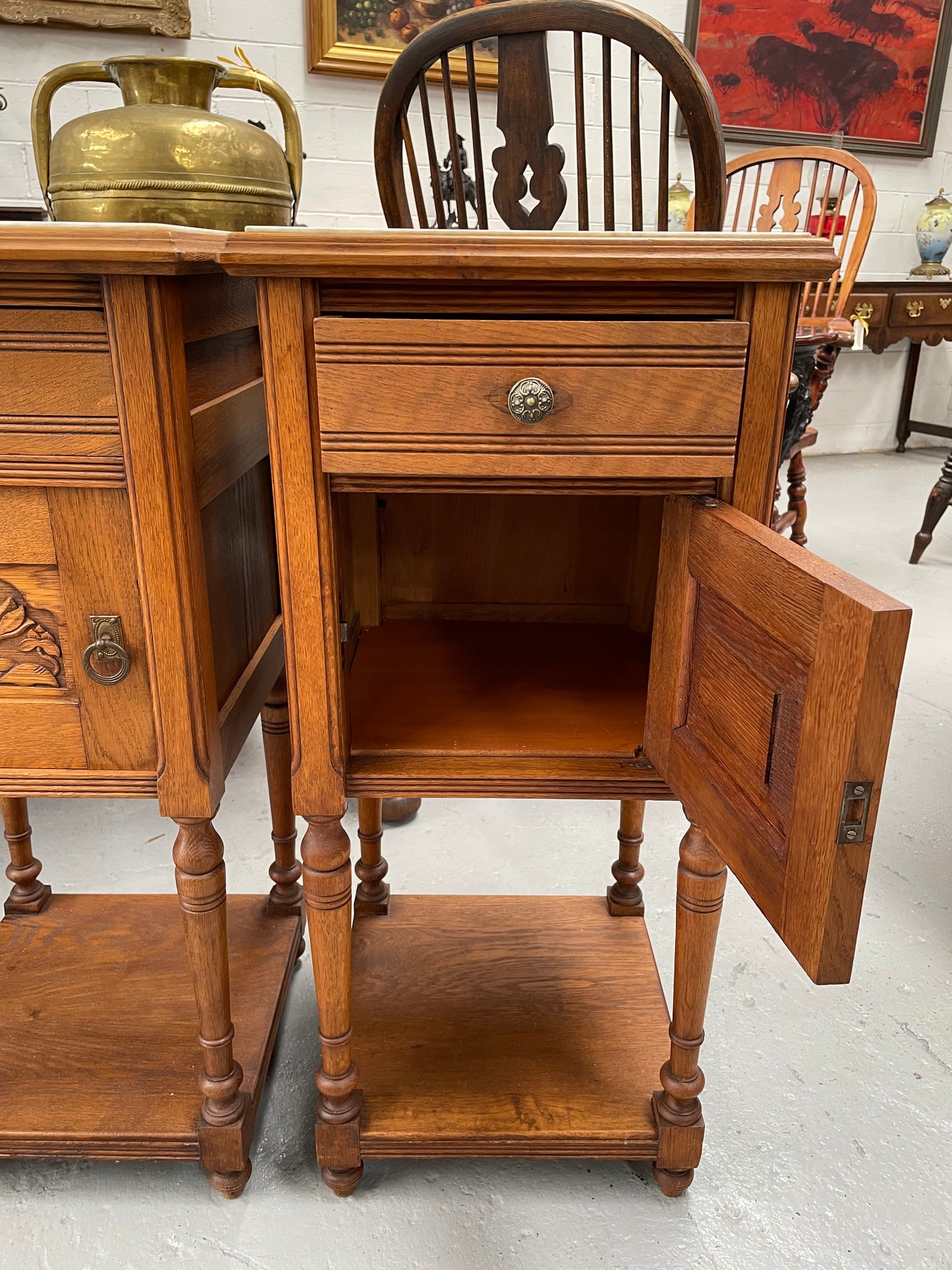 Pair French Oak Arts & Crafts Marble Topped Bedside