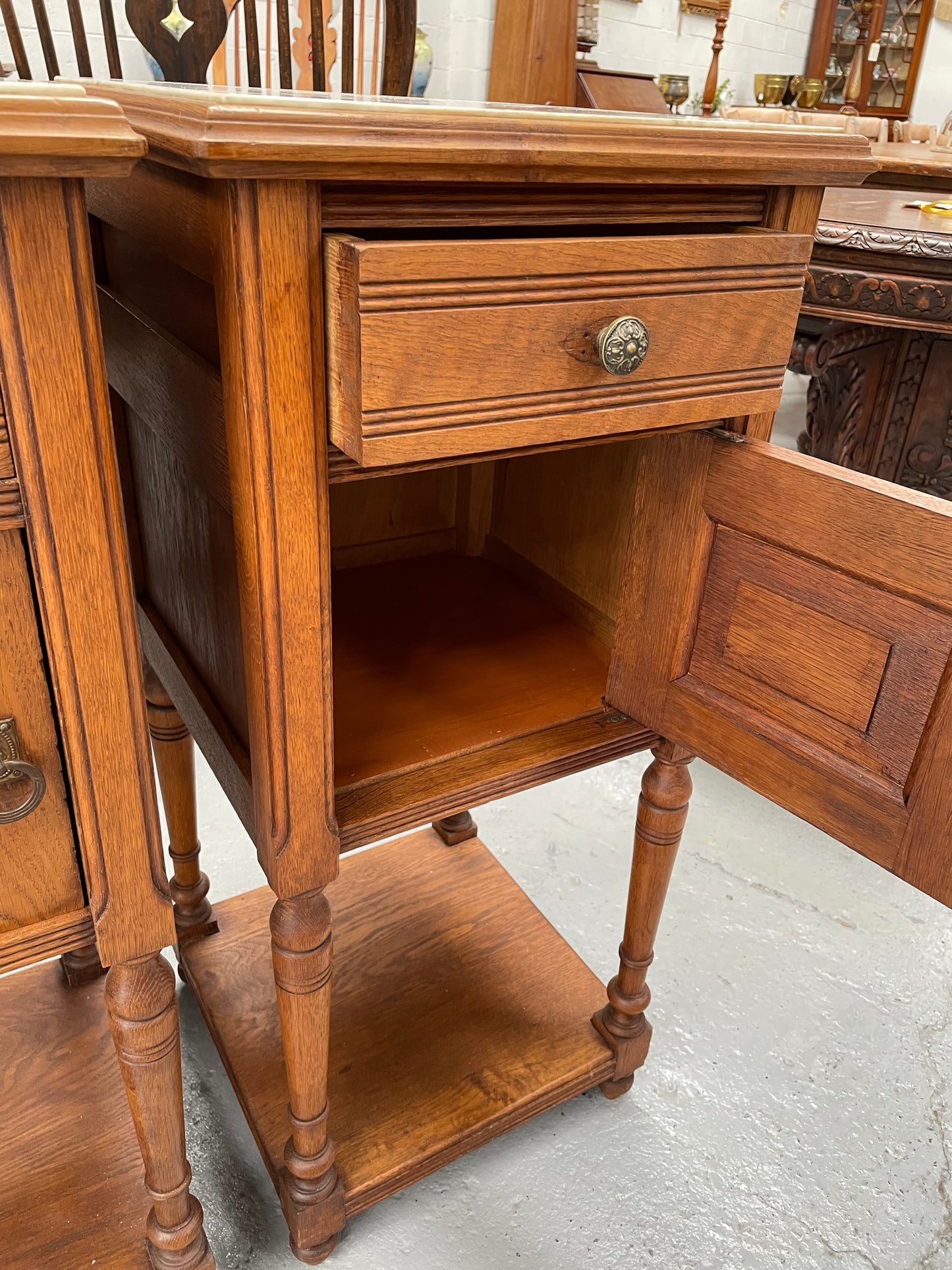 Pair French Oak Arts & Crafts Marble Topped Bedside