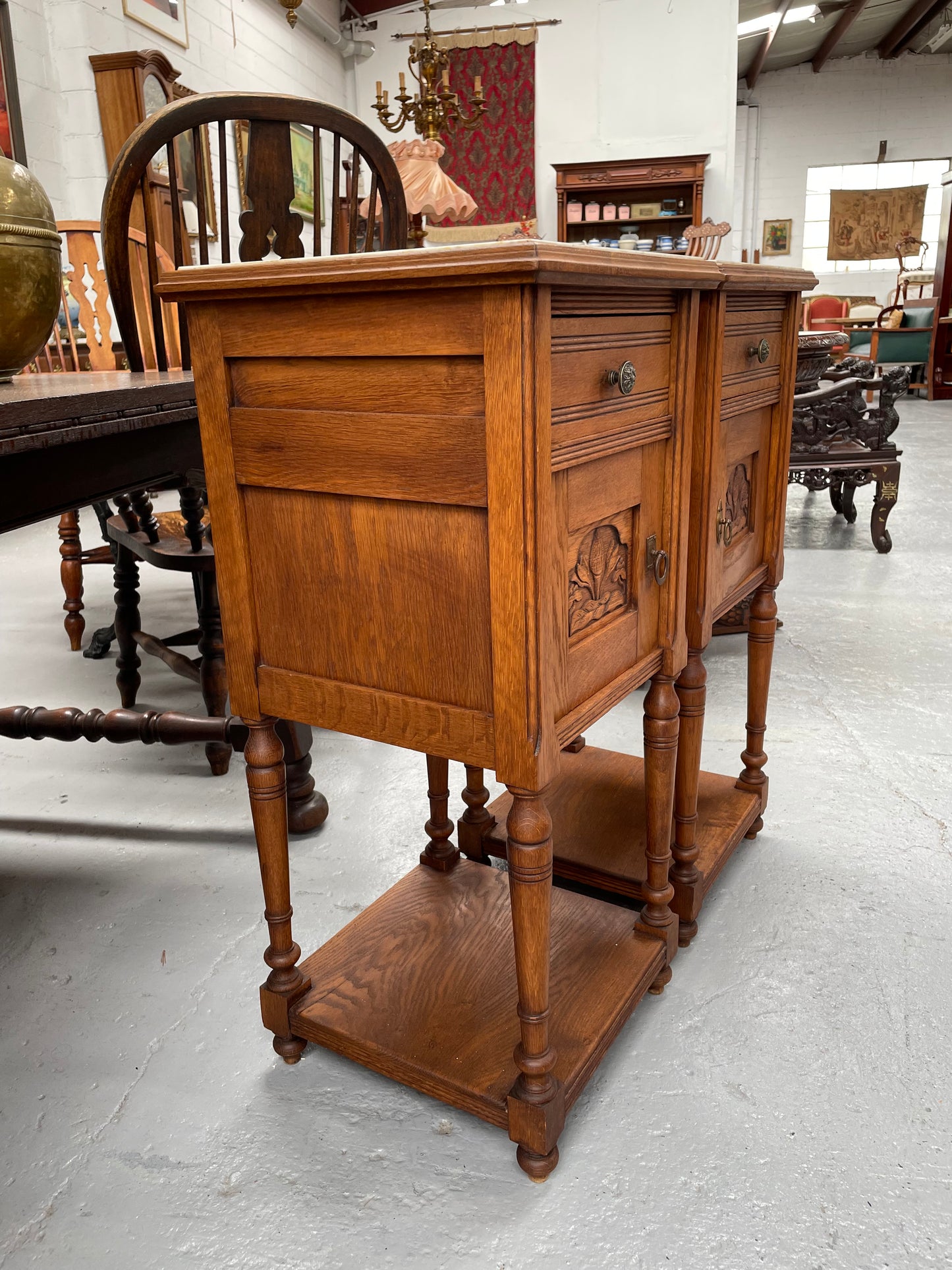 Pair French Oak Arts & Crafts Marble Topped Bedside