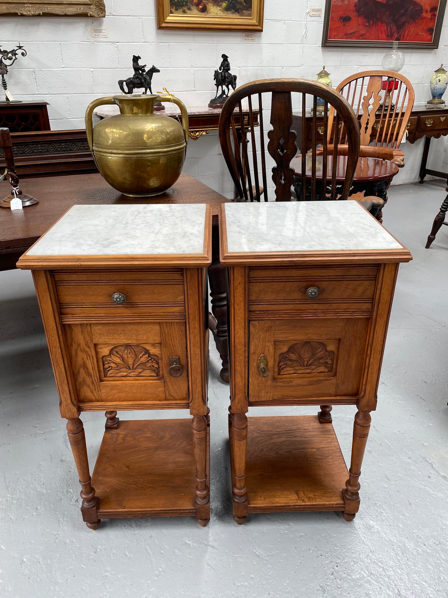 Pair French Oak Arts & Crafts Marble Topped Bedside