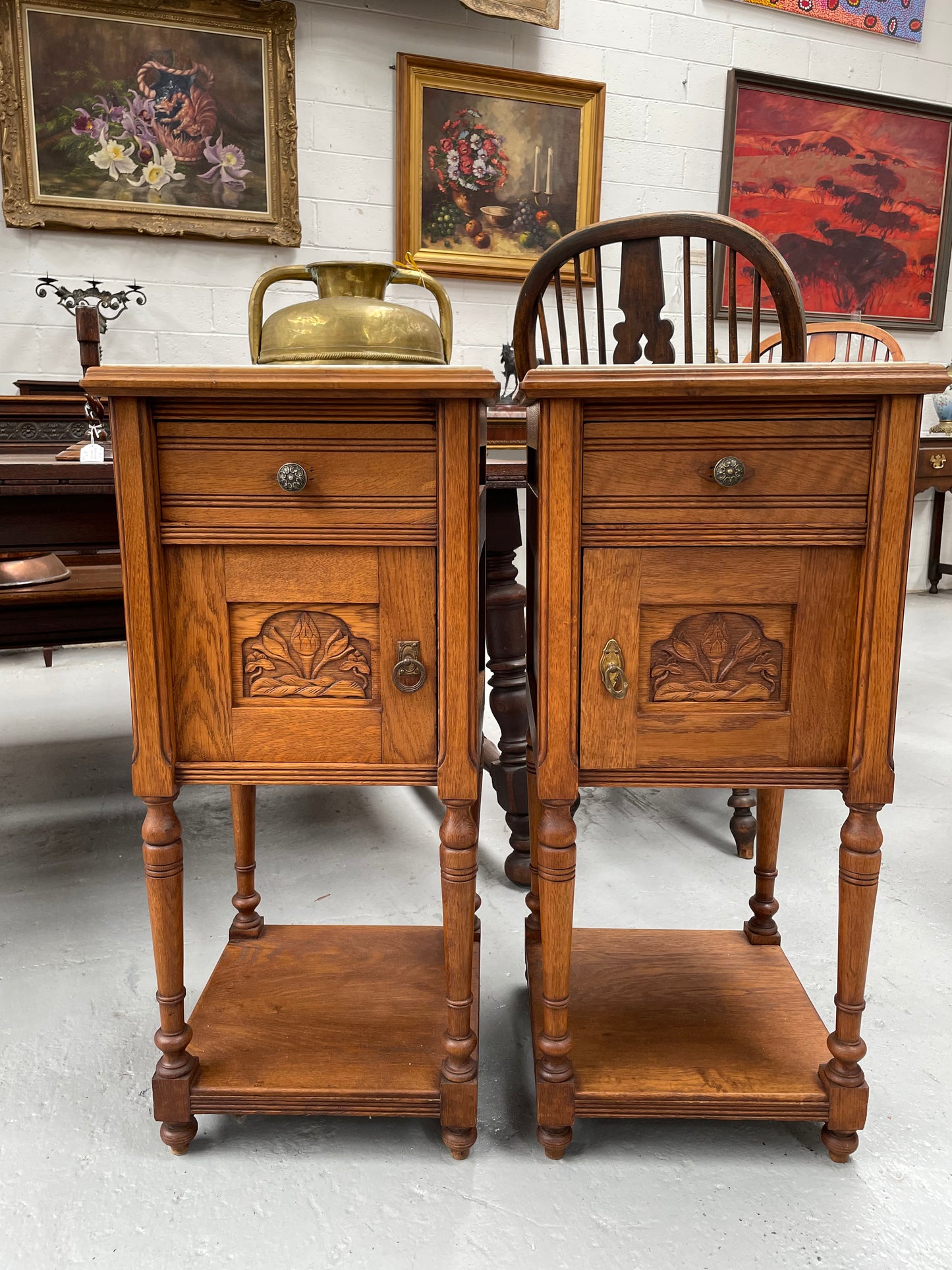 Pair French Oak Arts & Crafts Marble Topped Bedside