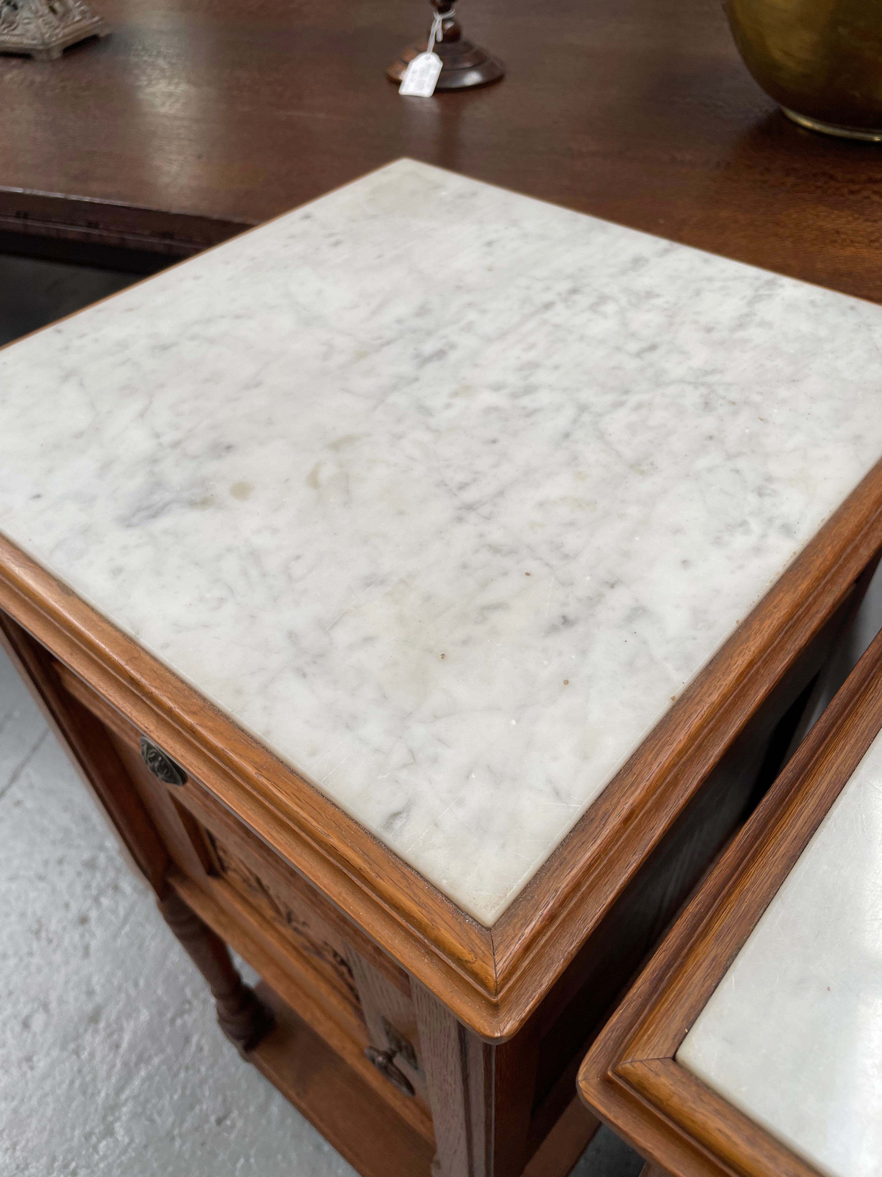 Pair French Oak Arts & Crafts Marble Topped Bedside | Antique & Vintage | Moonee Ponds Antiques | Australia Wide Delivery