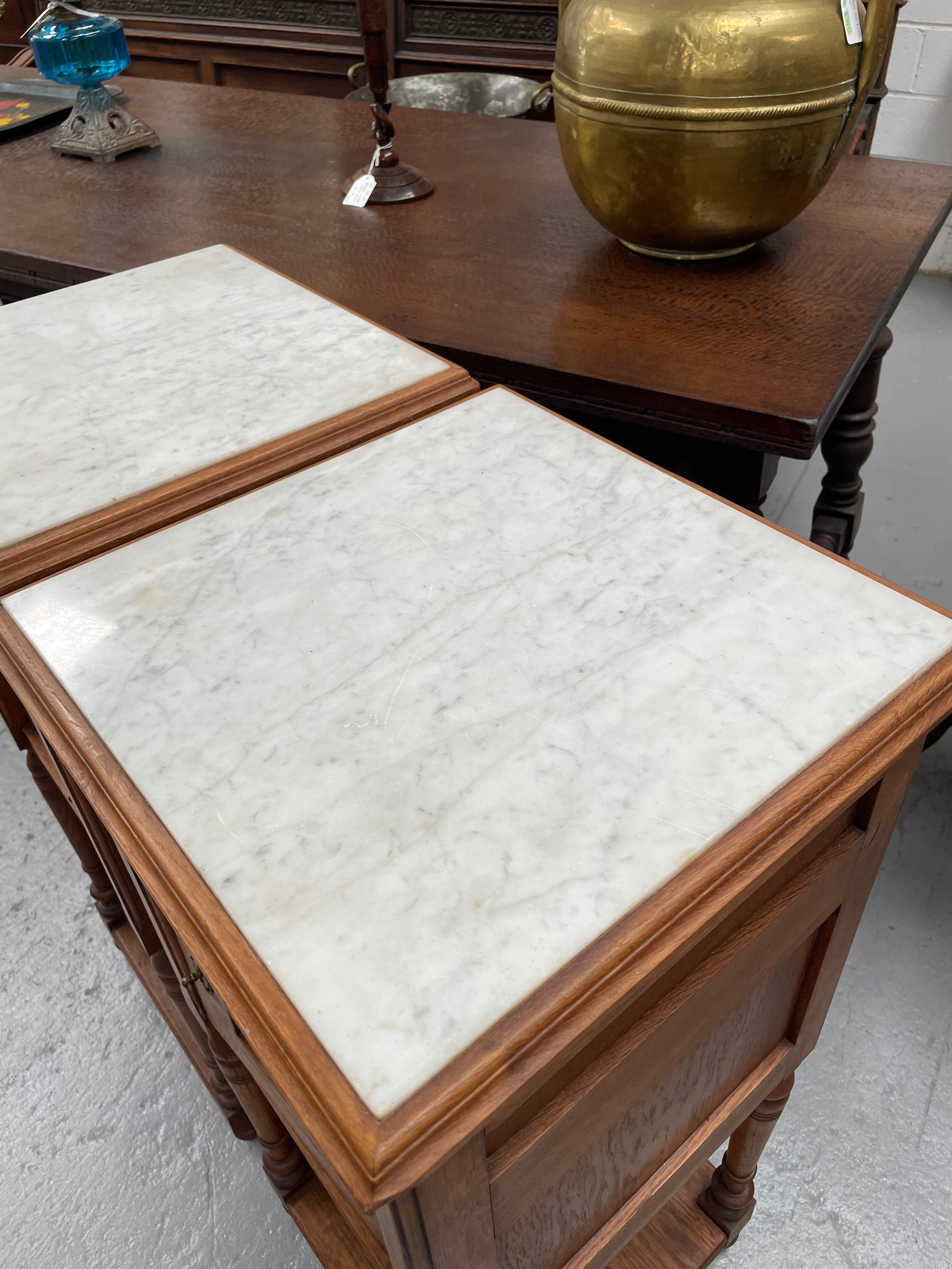 Pair French Oak Arts & Crafts Marble Topped Bedside | Antique & Vintage | Moonee Ponds Antiques | Australia Wide Delivery