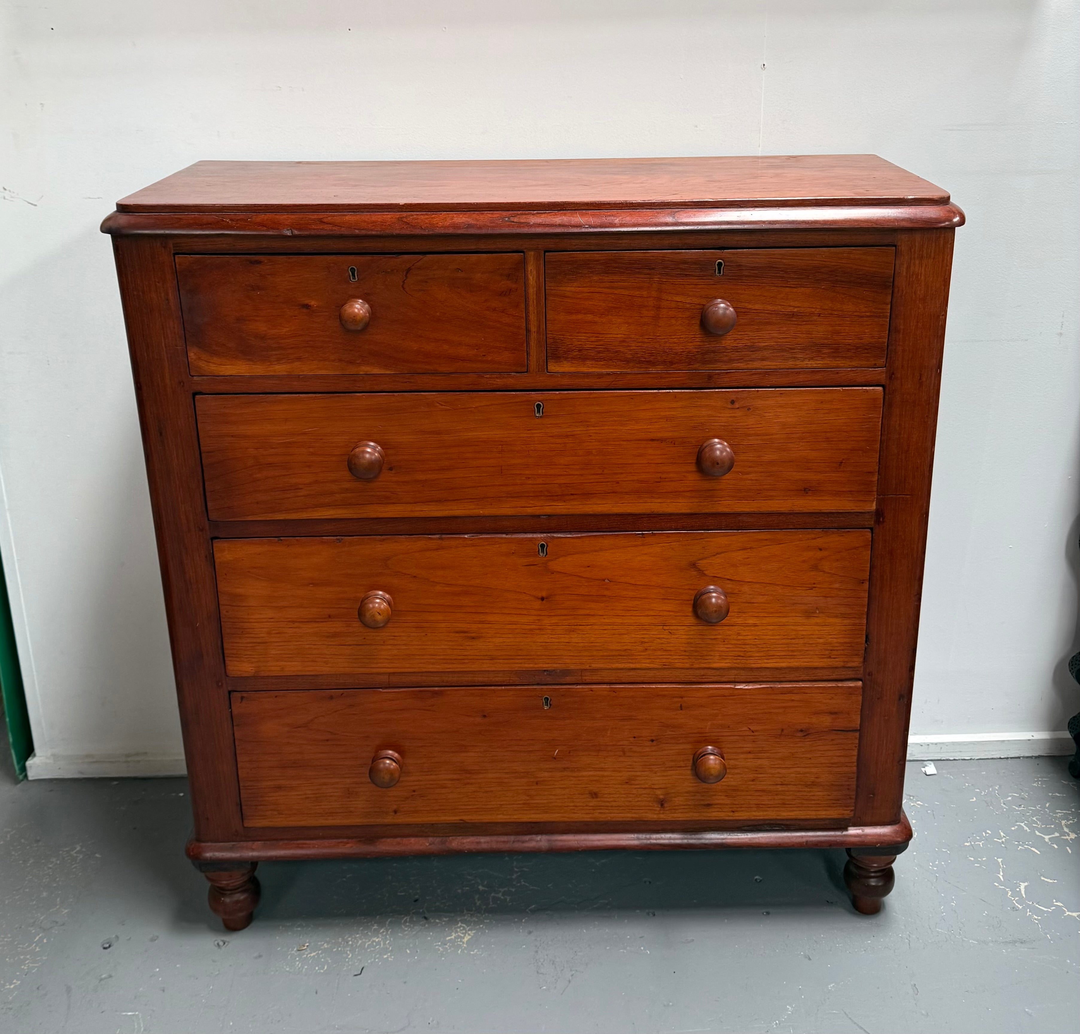 Cedar Five Drawer Chest On Bun Feet | Antique & Vintage | Moonee Ponds Antiques | Australia Wide Delivery