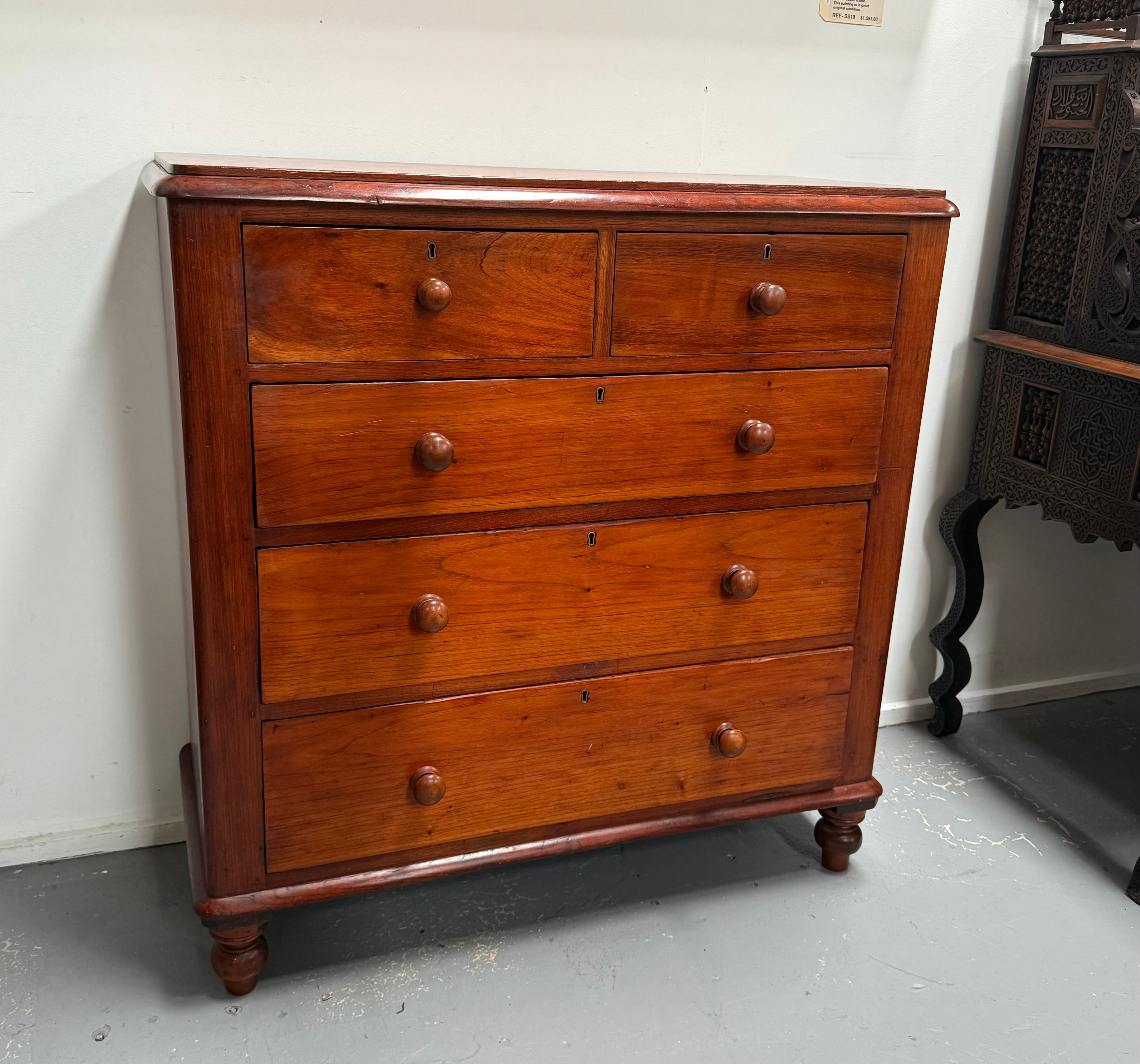 Cedar Five Drawer Chest On Bun Feet | Antique & Vintage | Moonee Ponds Antiques | Australia Wide Delivery