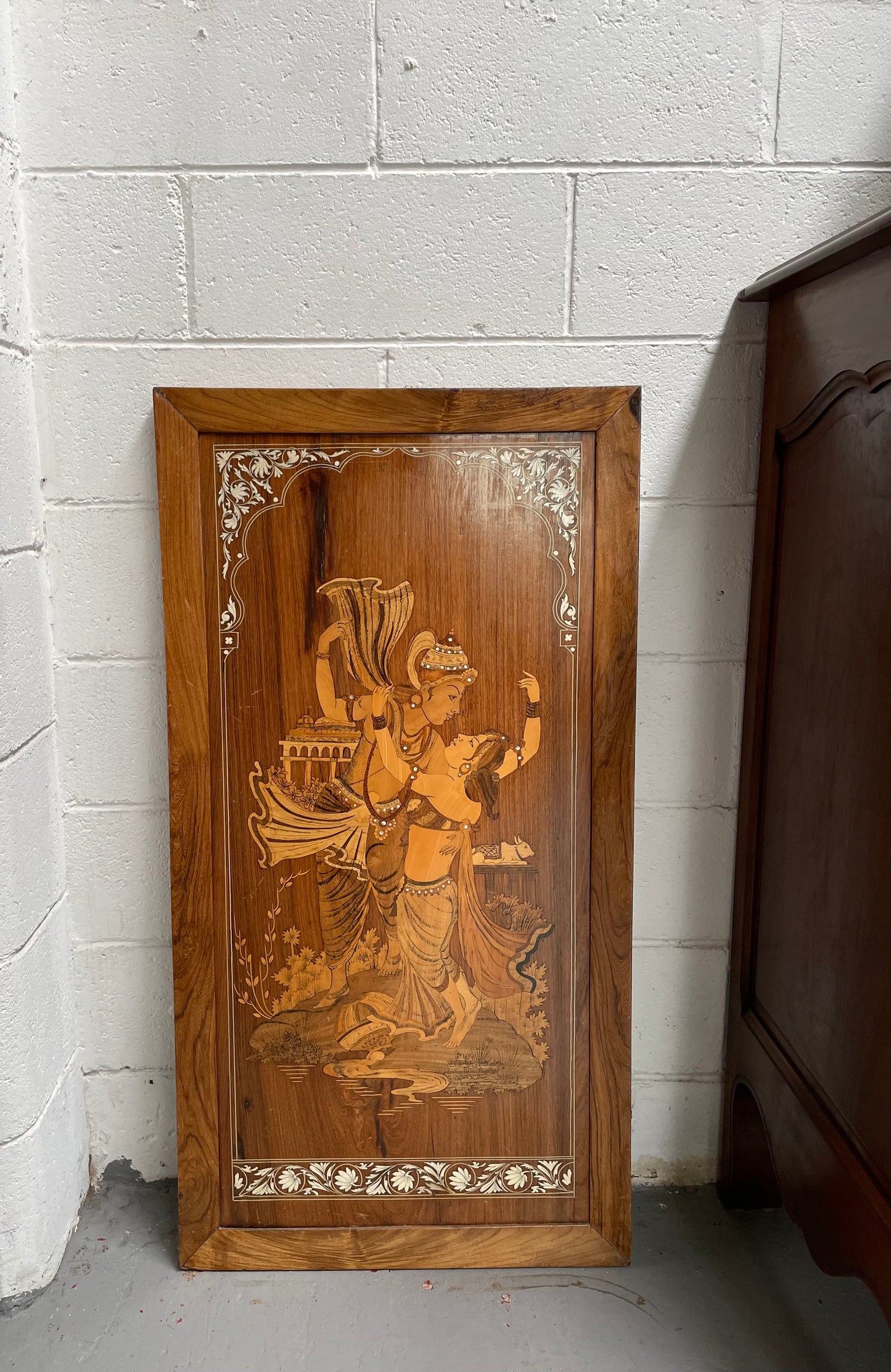 Rosewood Marquerty & Bone Inlaid Panel of Indian Scene