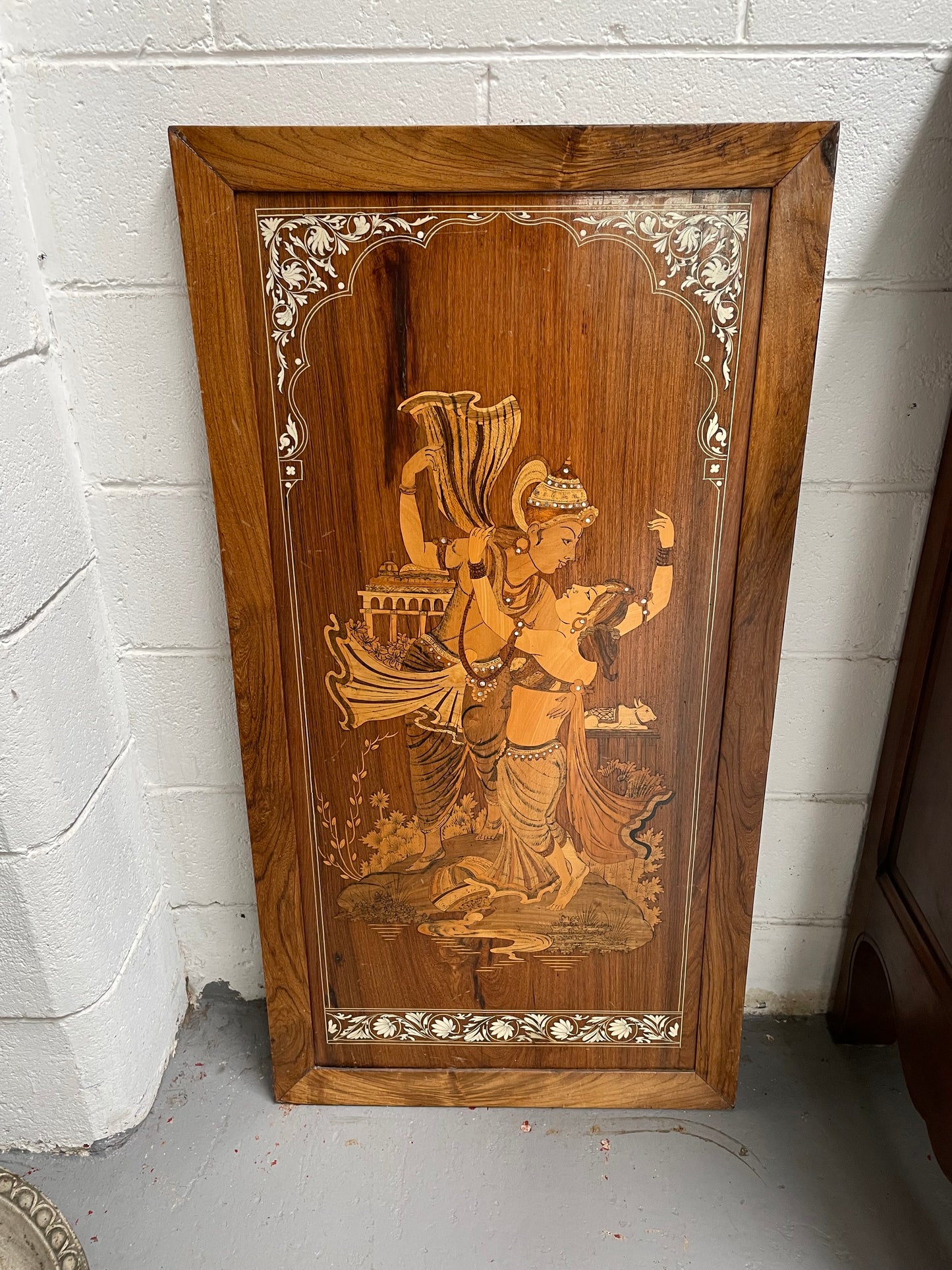 Rosewood Marquerty & Bone Inlaid Panel of Indian Scene