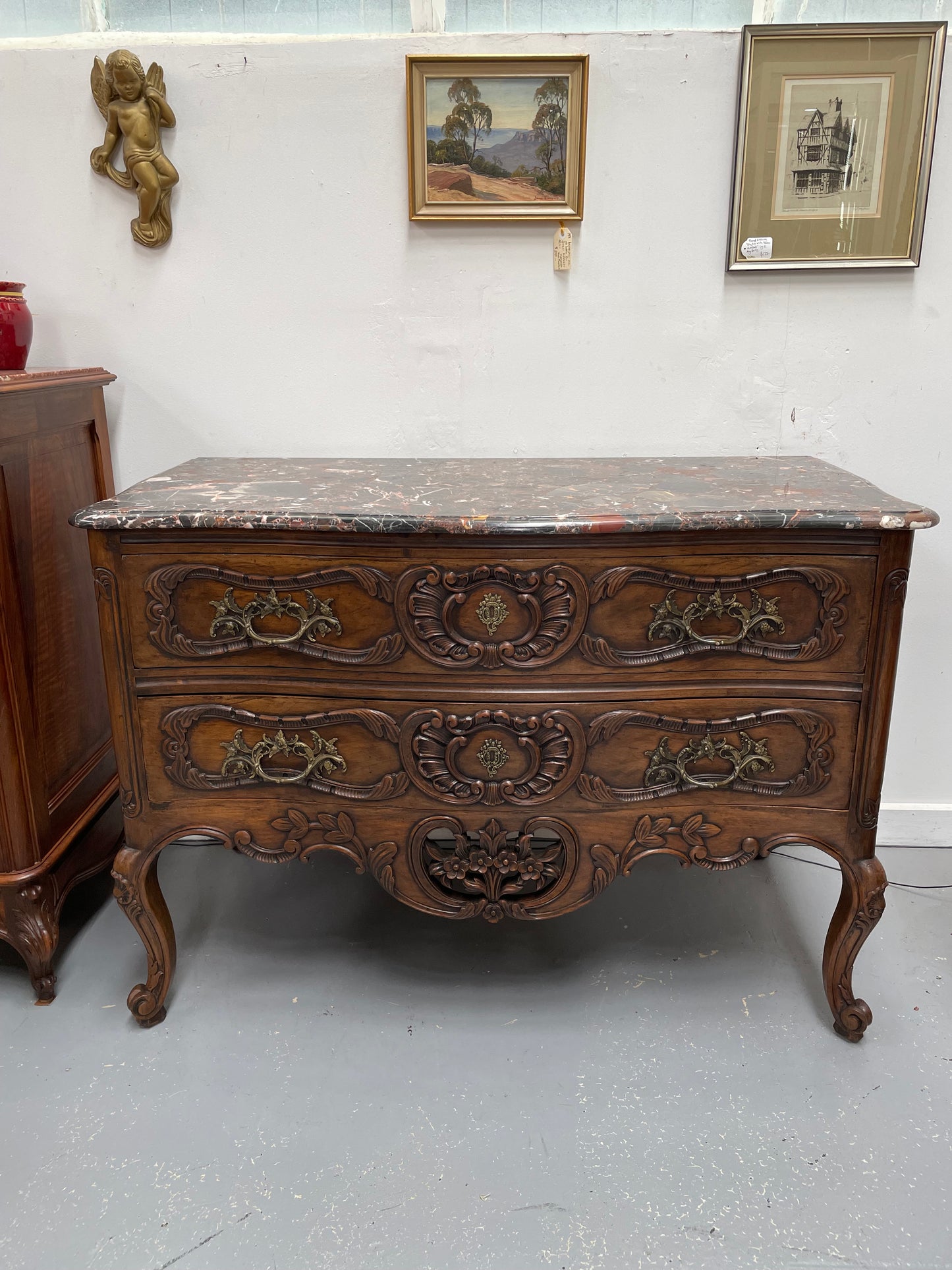 Highly Decorative Louis XIV Marble Top Two Drawer Commode