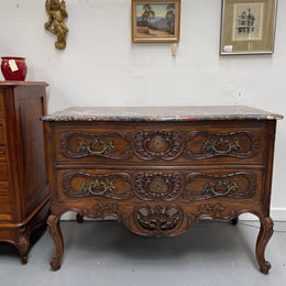 Highly Decorative Louis XIV Marble Top Two Drawer Commode