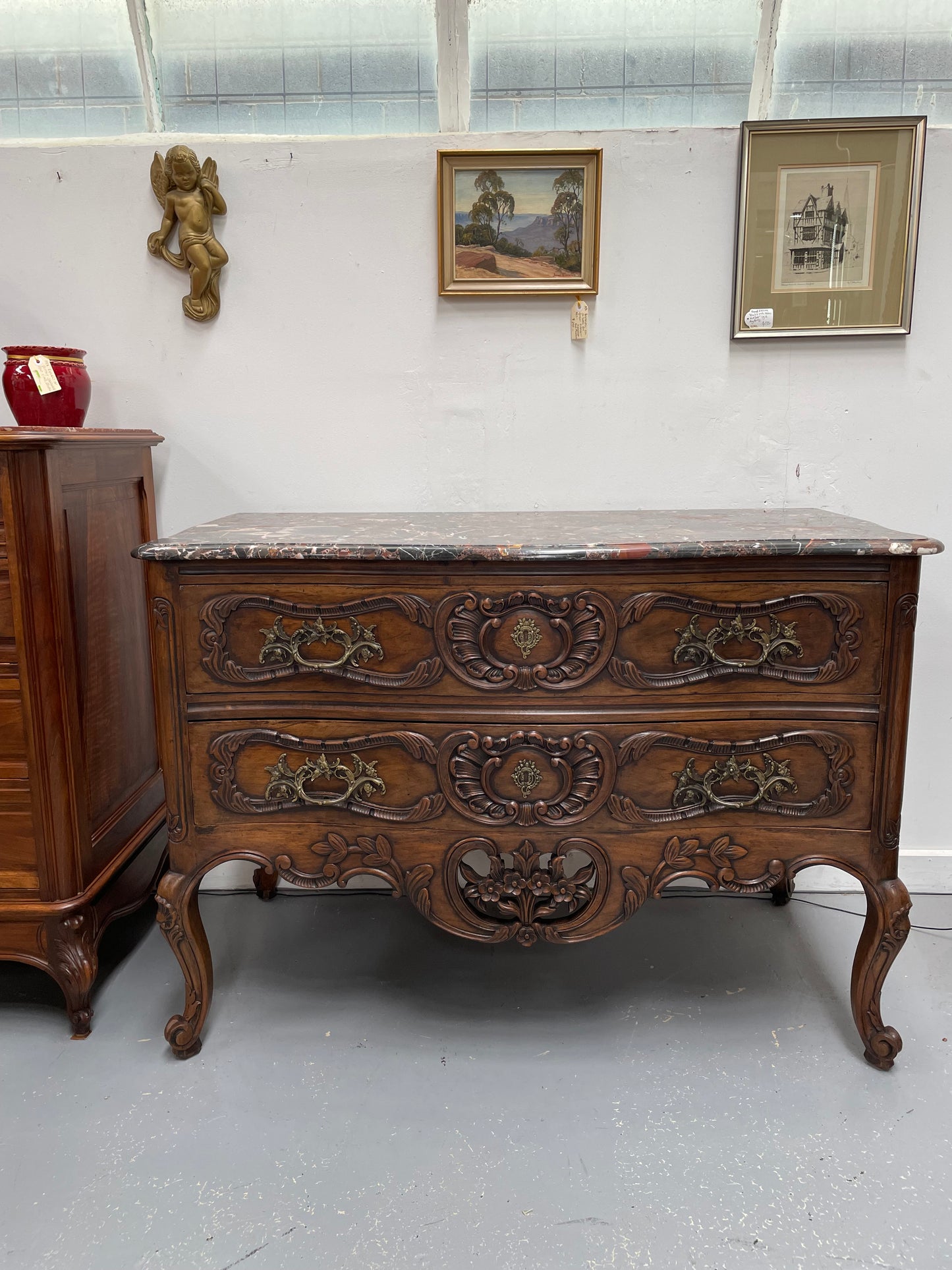 Highly Decorative Louis XIV Marble Top Two Drawer Commode