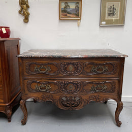 Highly Decorative Louis XIV Marble Top Two Drawer Commode