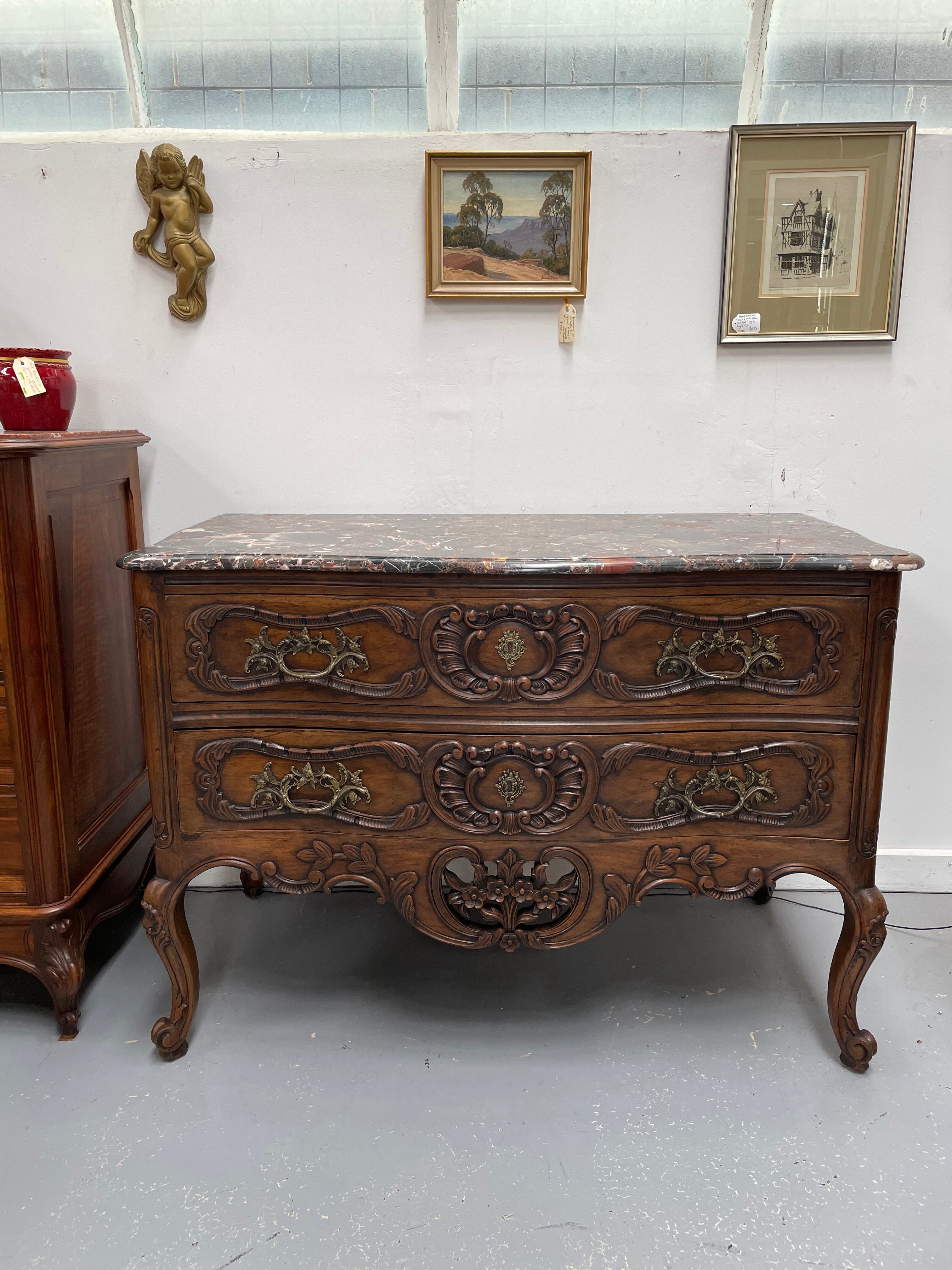 Highly Decorative Louis XIV Marble Top Two Drawer Commode | Antique & Vintage | Moonee Ponds Antiques | Australia Wide Delivery
