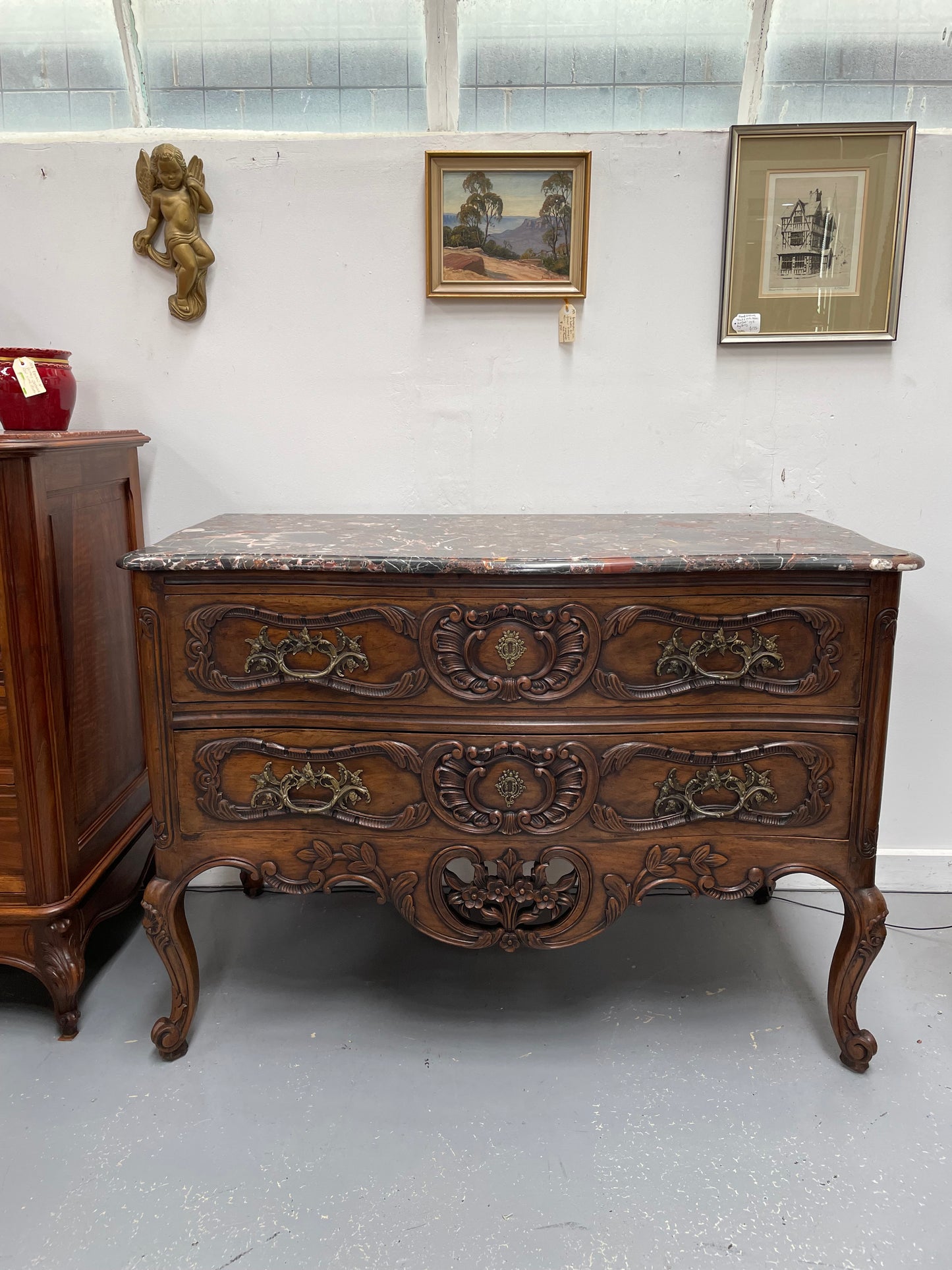 Highly Decorative Louis XIV Marble Top Two Drawer Commode