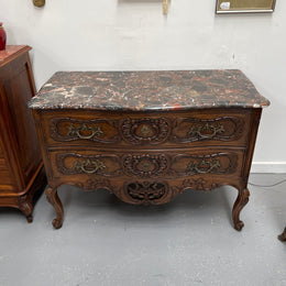 Highly Decorative Louis XIV Marble Top Two Drawer Commode
