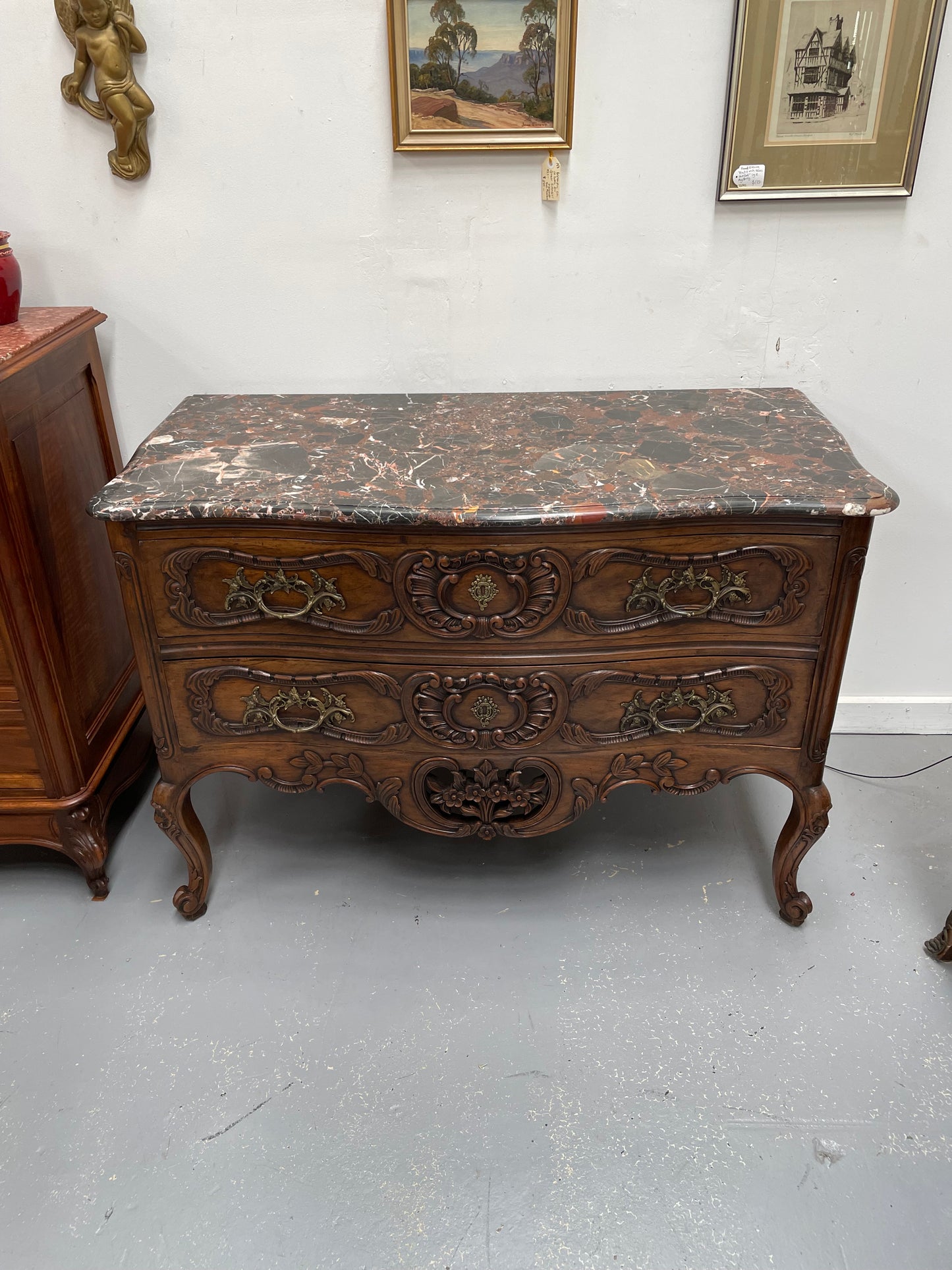 Highly Decorative Louis XIV Marble Top Two Drawer Commode