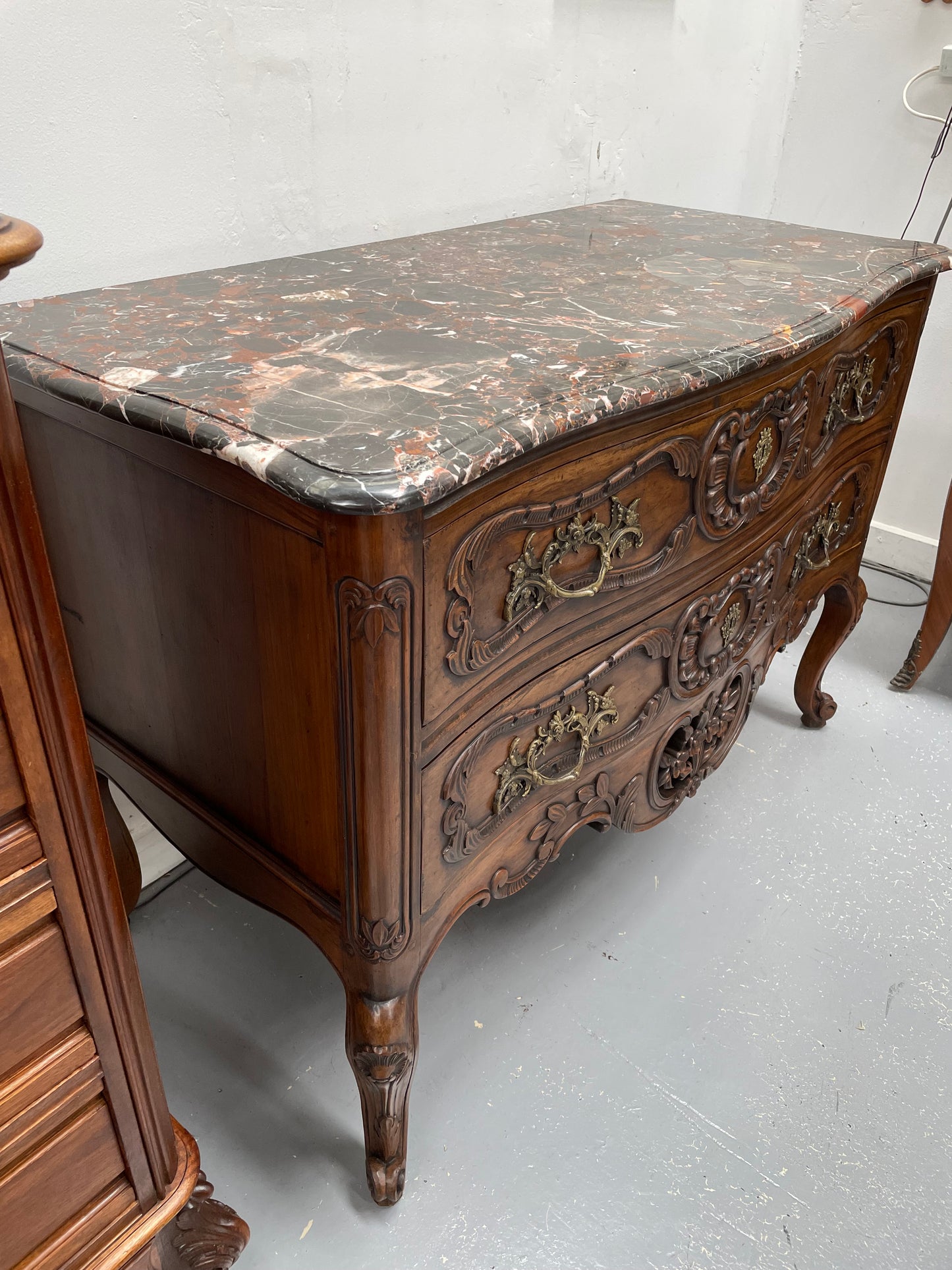 Highly Decorative Louis XIV Marble Top Two Drawer Commode