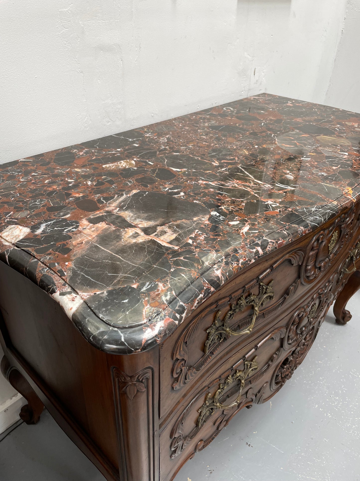 Highly Decorative Louis XIV Marble Top Two Drawer Commode