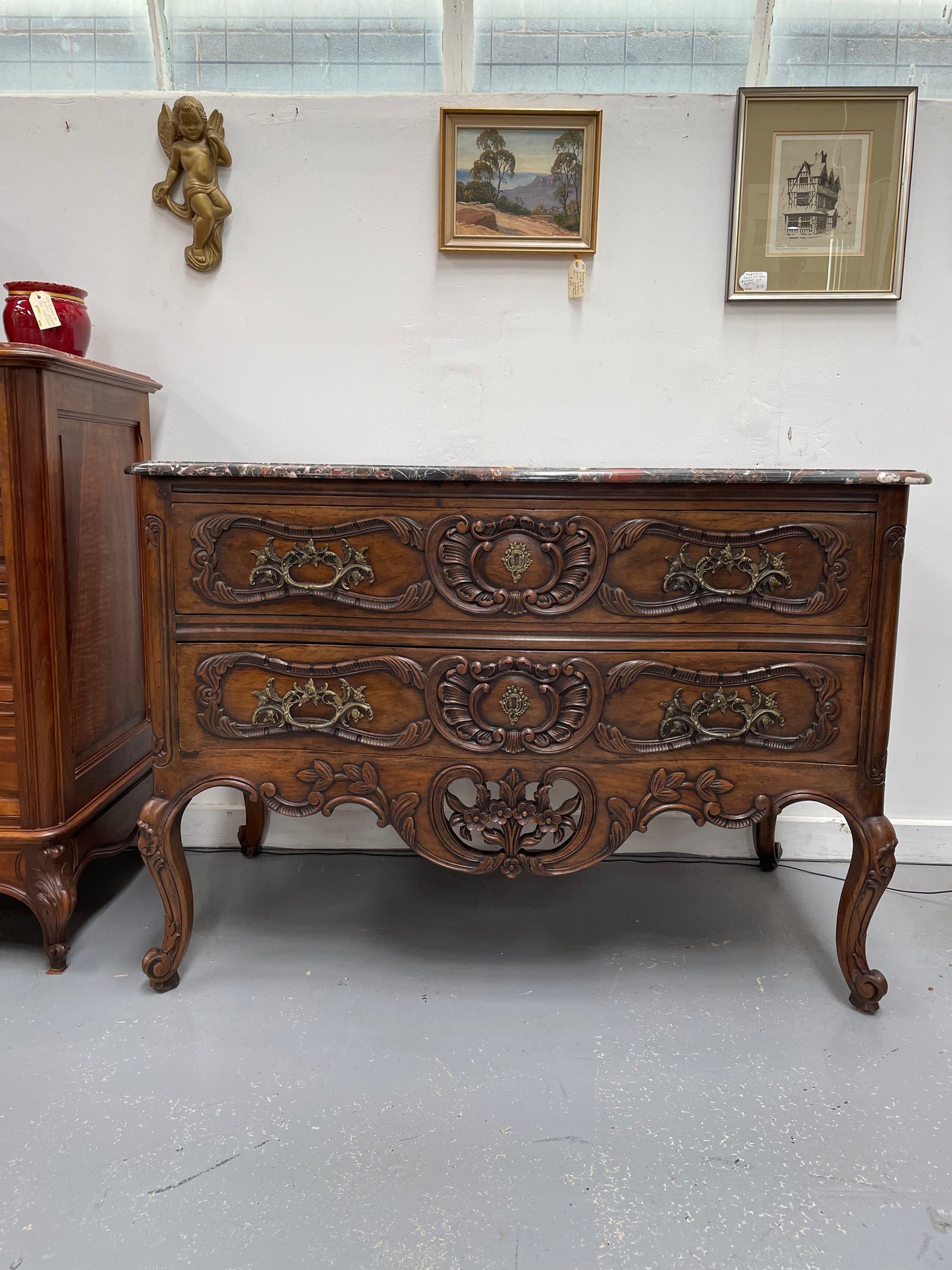 Highly Decorative Louis XIV Marble Top Two Drawer Commode